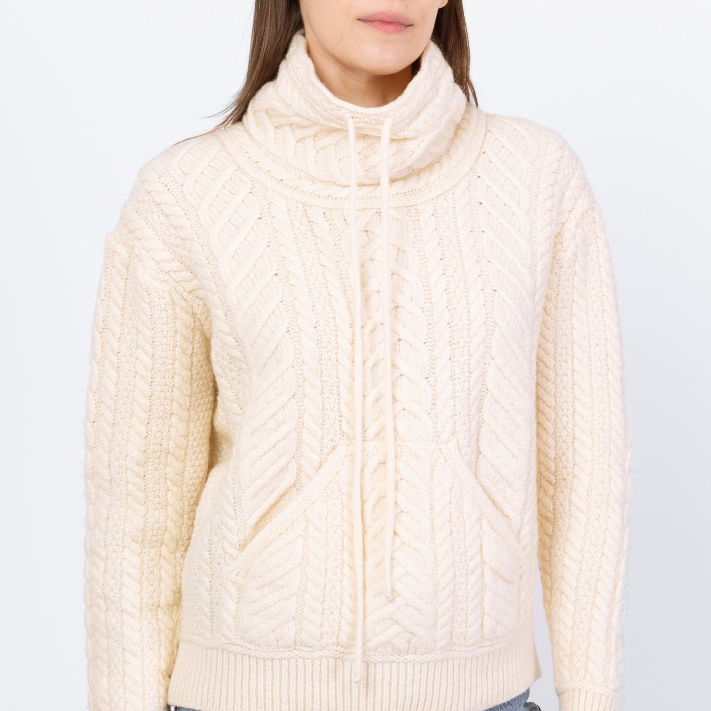 Vintage 90s Irish Merino Wool Funnel Neck Sweater - Small | Cream Chunky Cable Knit Fisherman Pullover