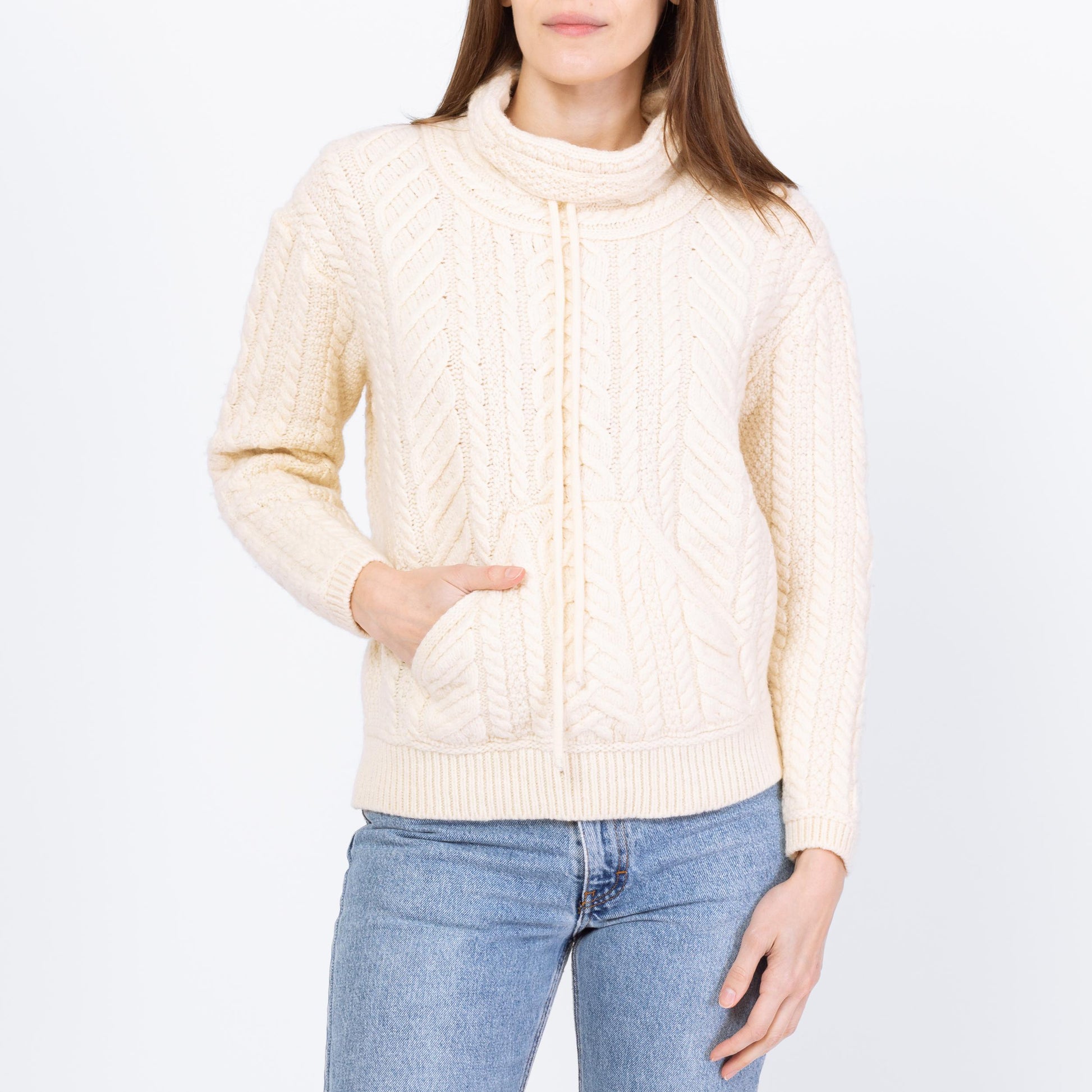 Vintage 90s Irish Merino Wool Funnel Neck Sweater - Small | Cream Chunky Cable Knit Fisherman Pullover