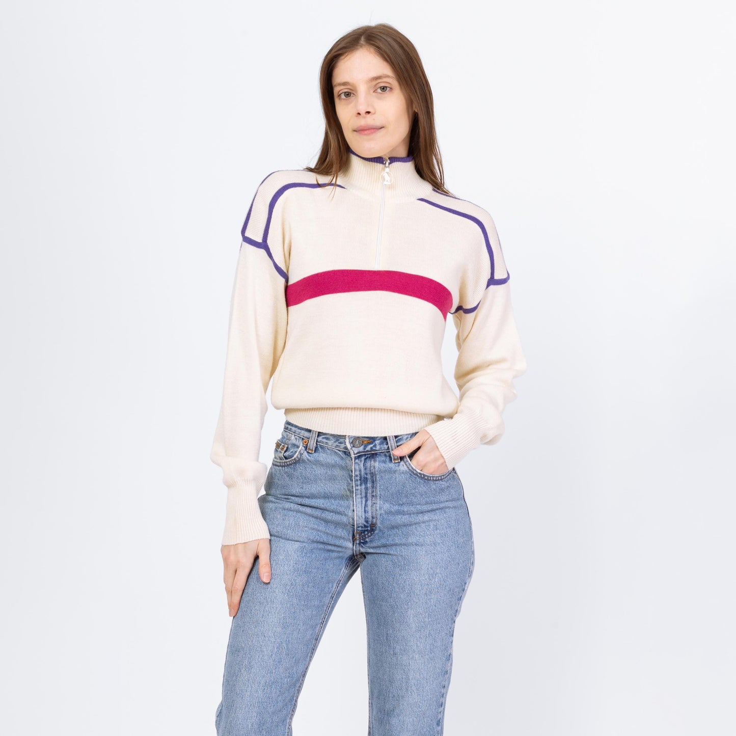 Vintage 80s Cream Striped Half Zip Cropped Ski Sweater - Small | Mountain Goat by White Sag Lightweight Wool Blend Pullover