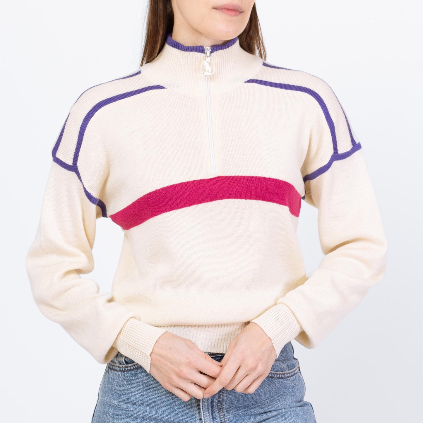 Vintage 80s Cream Striped Half Zip Cropped Ski Sweater - Small | Mountain Goat by White Sag Lightweight Wool Blend Pullover