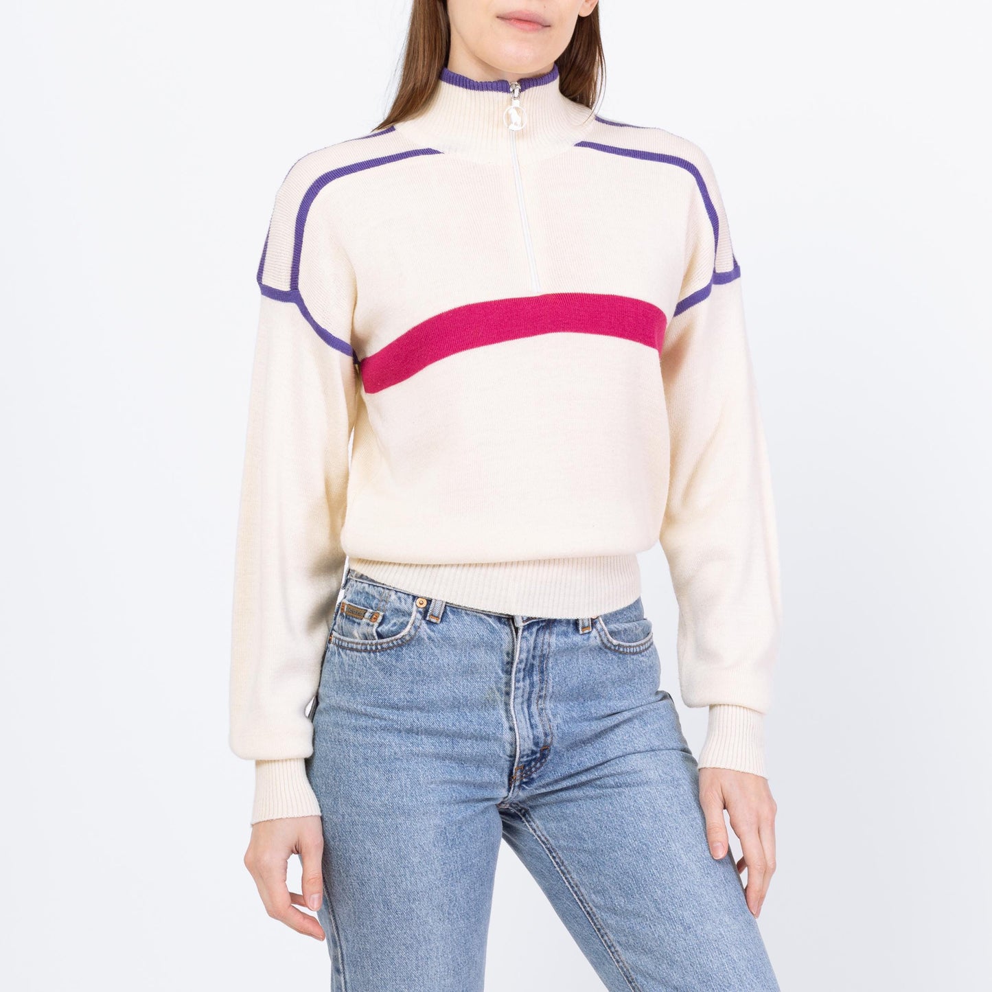 Vintage 80s Cream Striped Half Zip Cropped Ski Sweater - Small | Mountain Goat by White Sag Lightweight Wool Blend Pullover