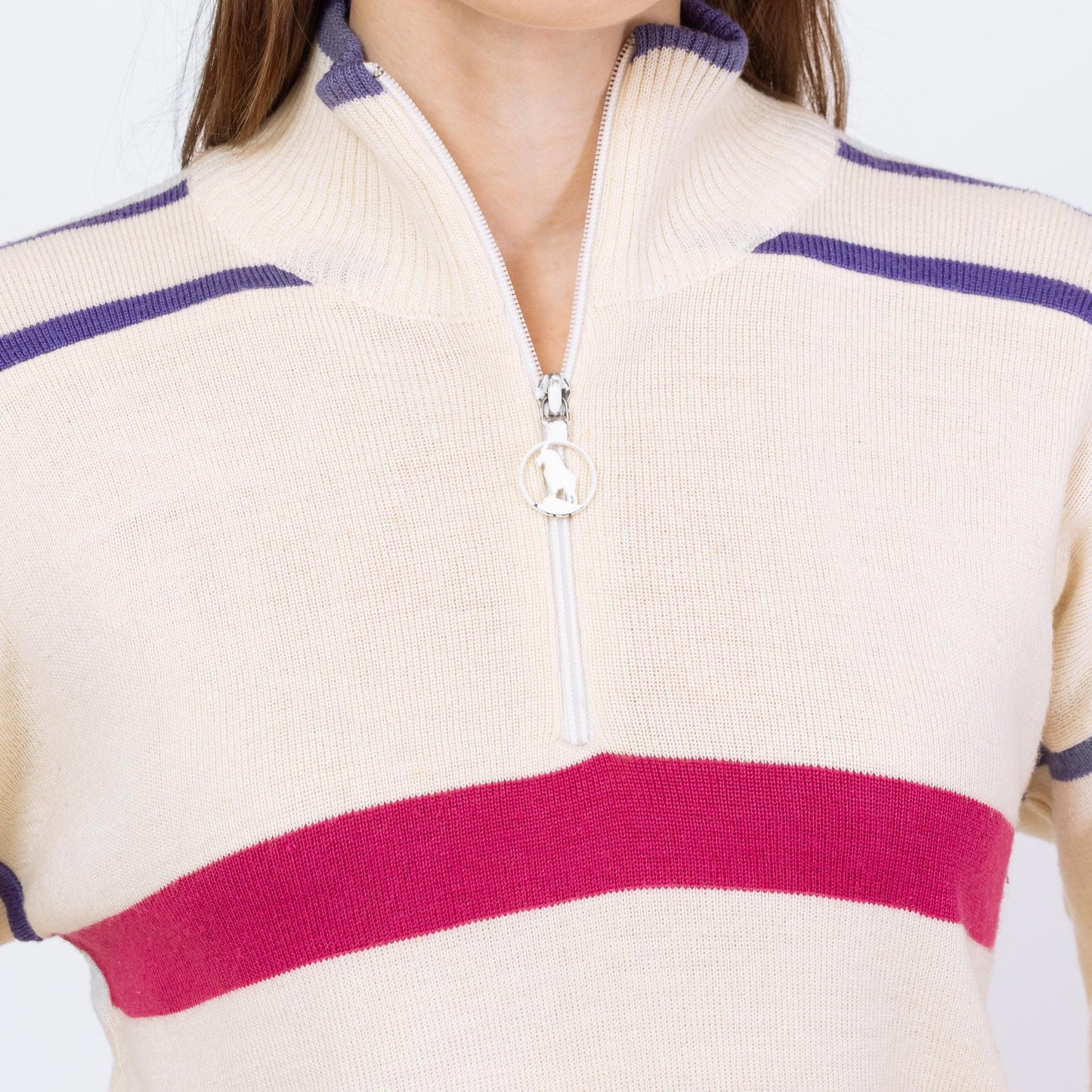 Vintage 80s Cream Striped Half Zip Cropped Ski Sweater - Small | Mountain Goat by White Sag Lightweight Wool Blend Pullover