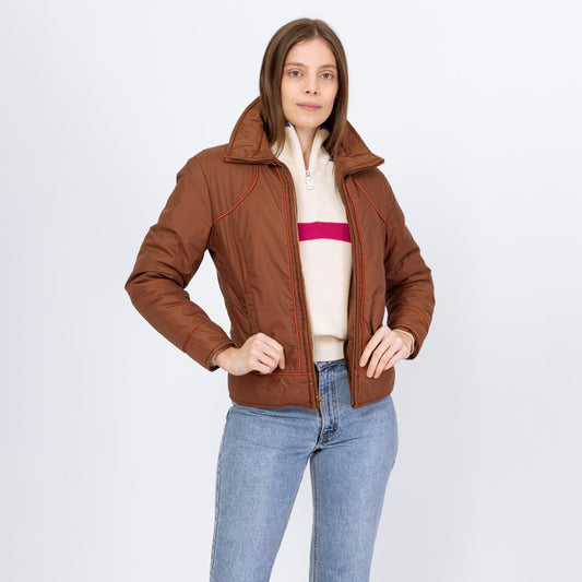 Vintage 70s 80s Chocolate Brown Puffer Ski Jacket - Extra Small | Retro Zip Up Down Fill Winter Coat