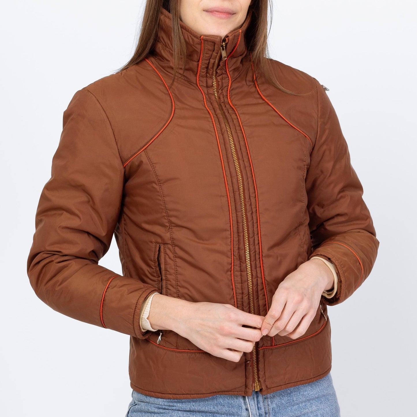 Vintage 70s 80s Chocolate Brown Puffer Ski Jacket - Extra Small | Retro Zip Up Down Fill Winter Coat