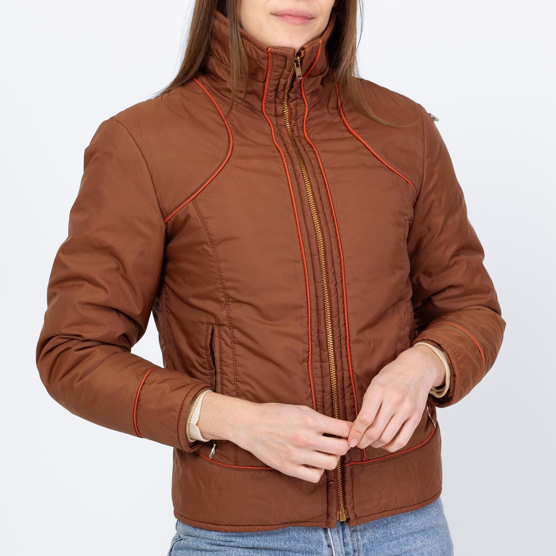 Vintage 70s 80s Chocolate Brown Puffer Ski Jacket - Extra Small | Retro Zip Up Down Fill Winter Coat