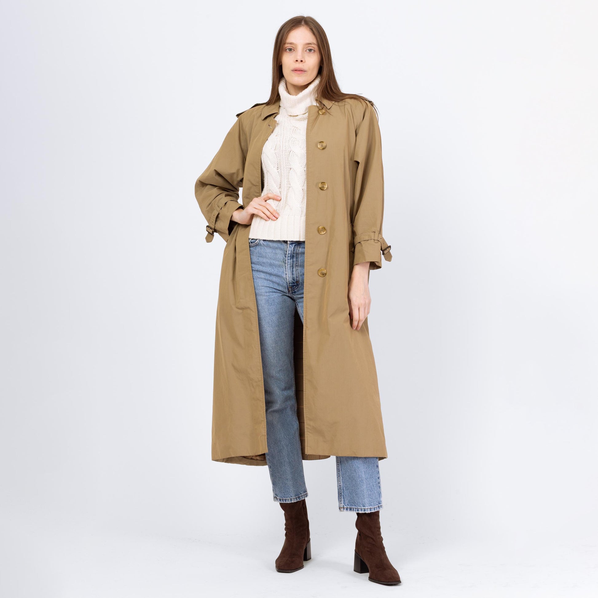 Vintage 90s Burberry Tan Belted Trench Coat - Medium to Large | Designer Plaid Lined Single Breasted Button Up Long Lightweight Jacket