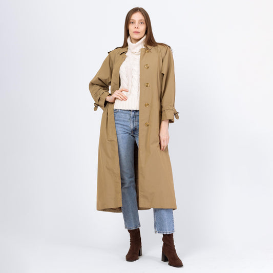 Vintage 90s Burberry Tan Belted Trench Coat - Medium to Large | Designer Plaid Lined Single Breasted Button Up Long Lightweight Jacket