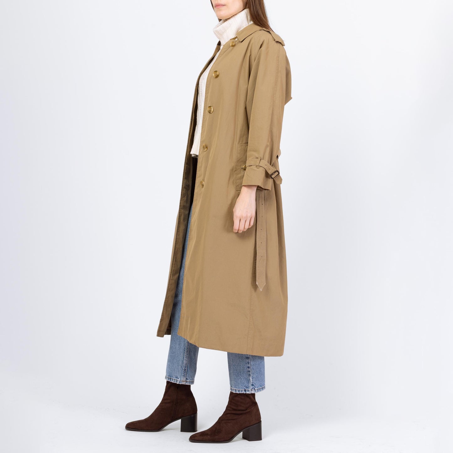 Vintage 90s Burberry Tan Belted Trench Coat - Medium to Large | Designer Plaid Lined Single Breasted Button Up Long Lightweight Jacket