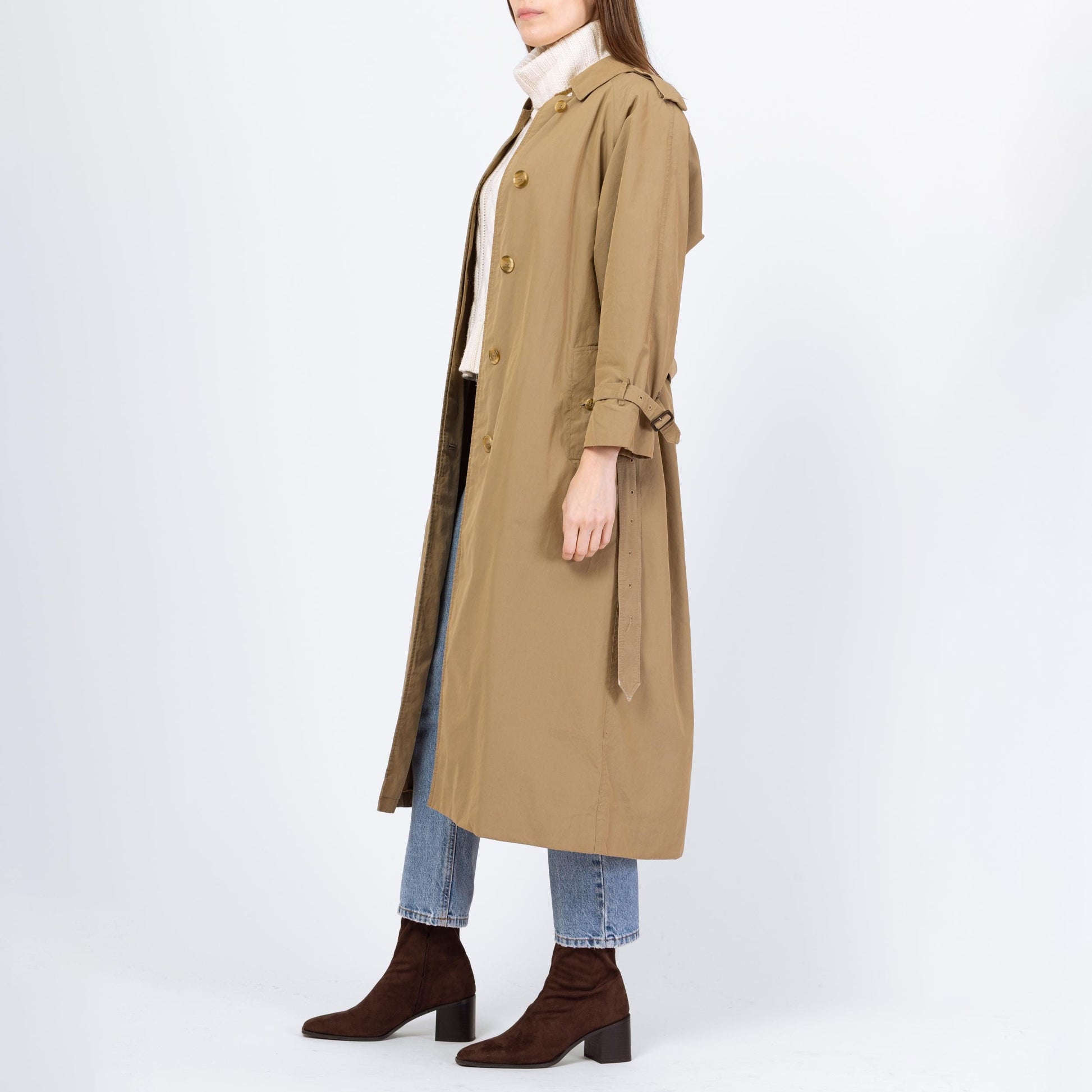 Vintage 90s Burberry Tan Belted Trench Coat - Medium to Large | Designer Plaid Lined Single Breasted Button Up Long Lightweight Jacket