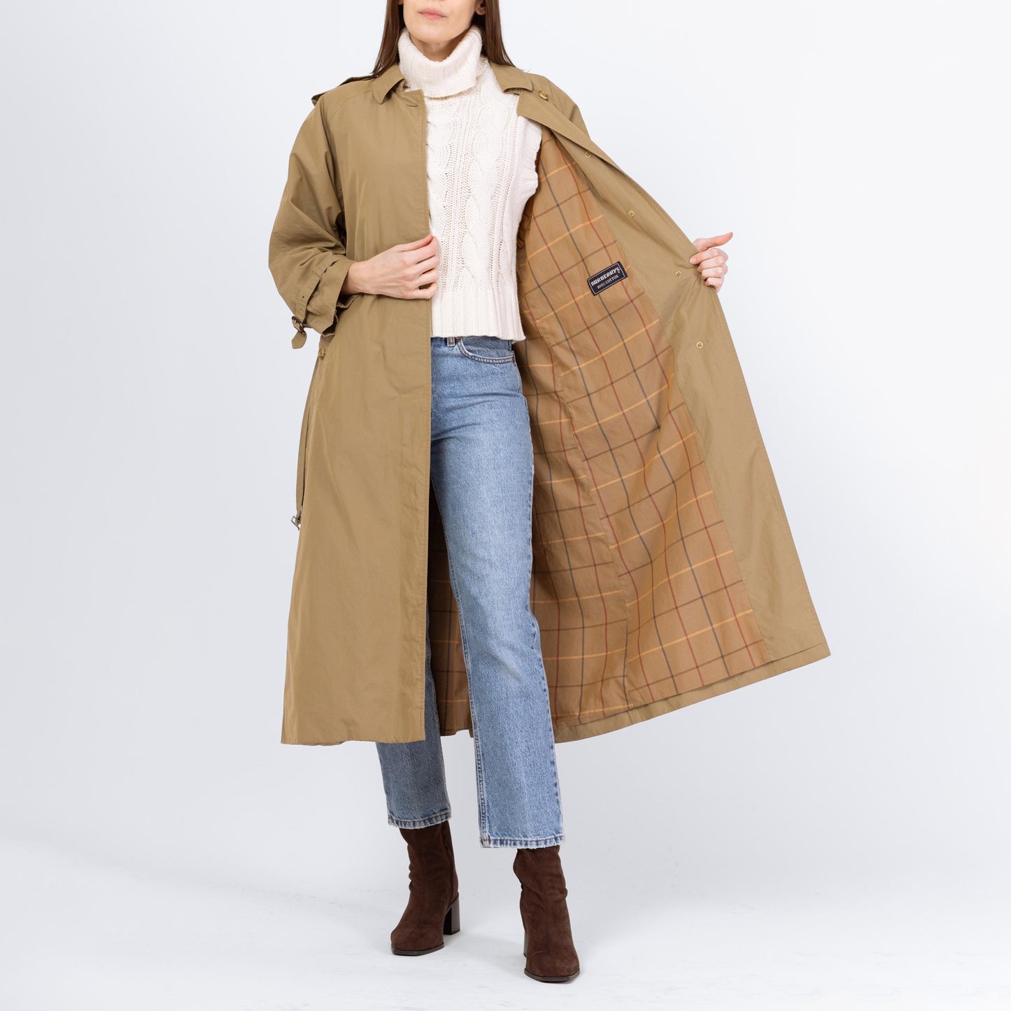 Vintage 90s Burberry Tan Belted Trench Coat - Medium to Large | Designer Plaid Lined Single Breasted Button Up Long Lightweight Jacket