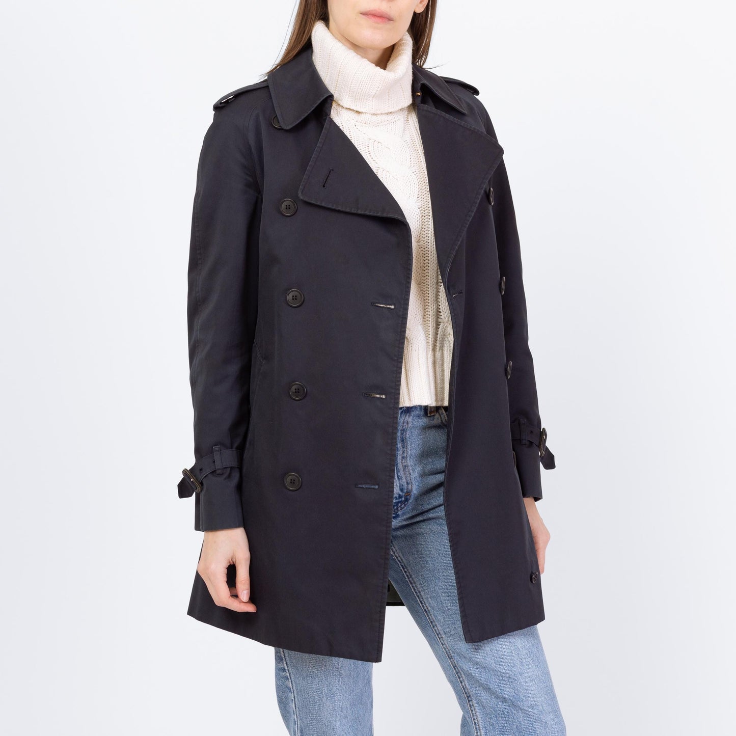 Vintage 90s Burberry Navy Blue Short Belted Trench Coat - Small to Medium | Designer Plaid Lined Double Breasted Lightweight Jacket