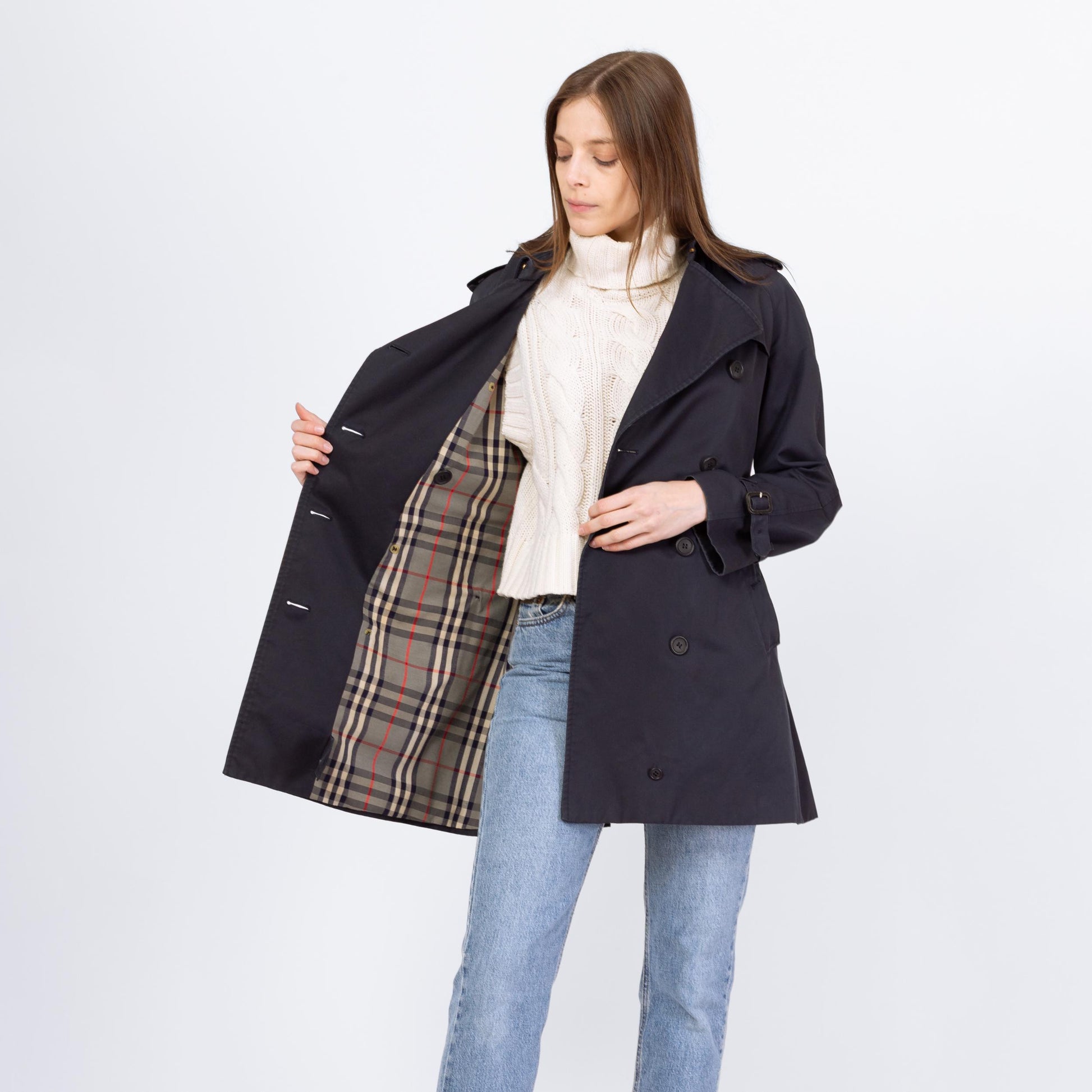 Vintage 90s Burberry Navy Blue Short Belted Trench Coat - Small to Medium | Designer Plaid Lined Double Breasted Lightweight Jacket