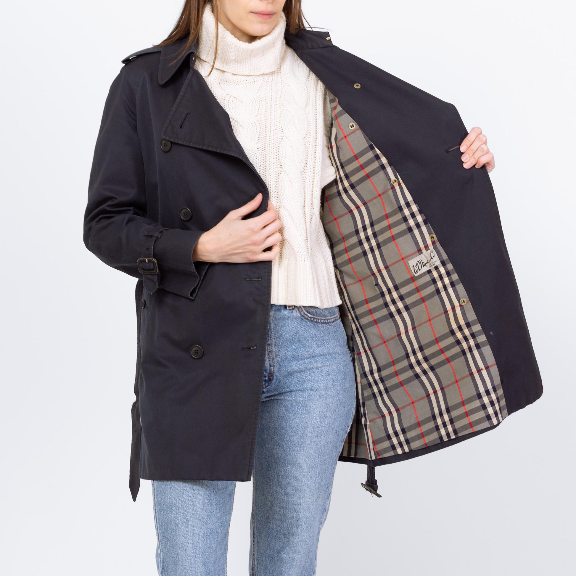 Vintage 90s Burberry Navy Blue Short Belted Trench Coat - Small to Medium | Designer Plaid Lined Double Breasted Lightweight Jacket