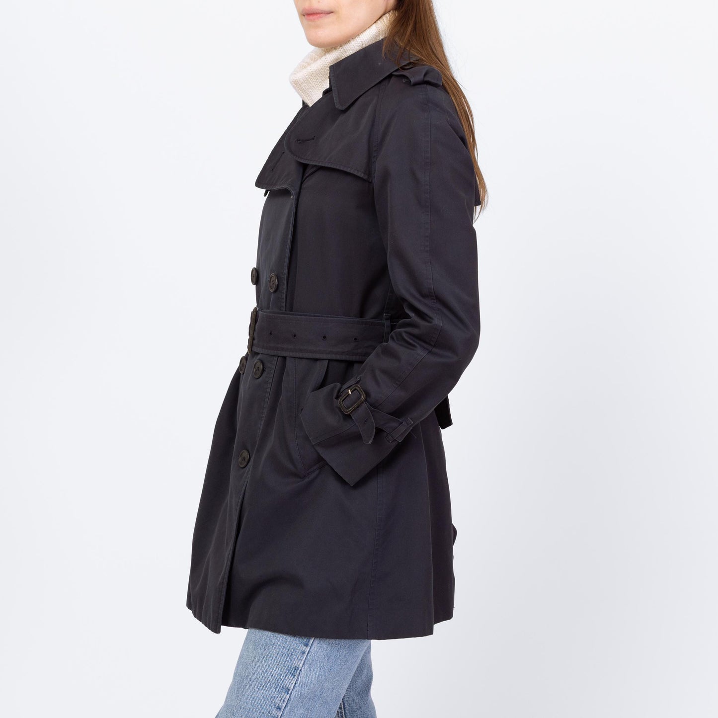 Vintage 90s Burberry Navy Blue Short Belted Trench Coat - Small to Medium | Designer Plaid Lined Double Breasted Lightweight Jacket