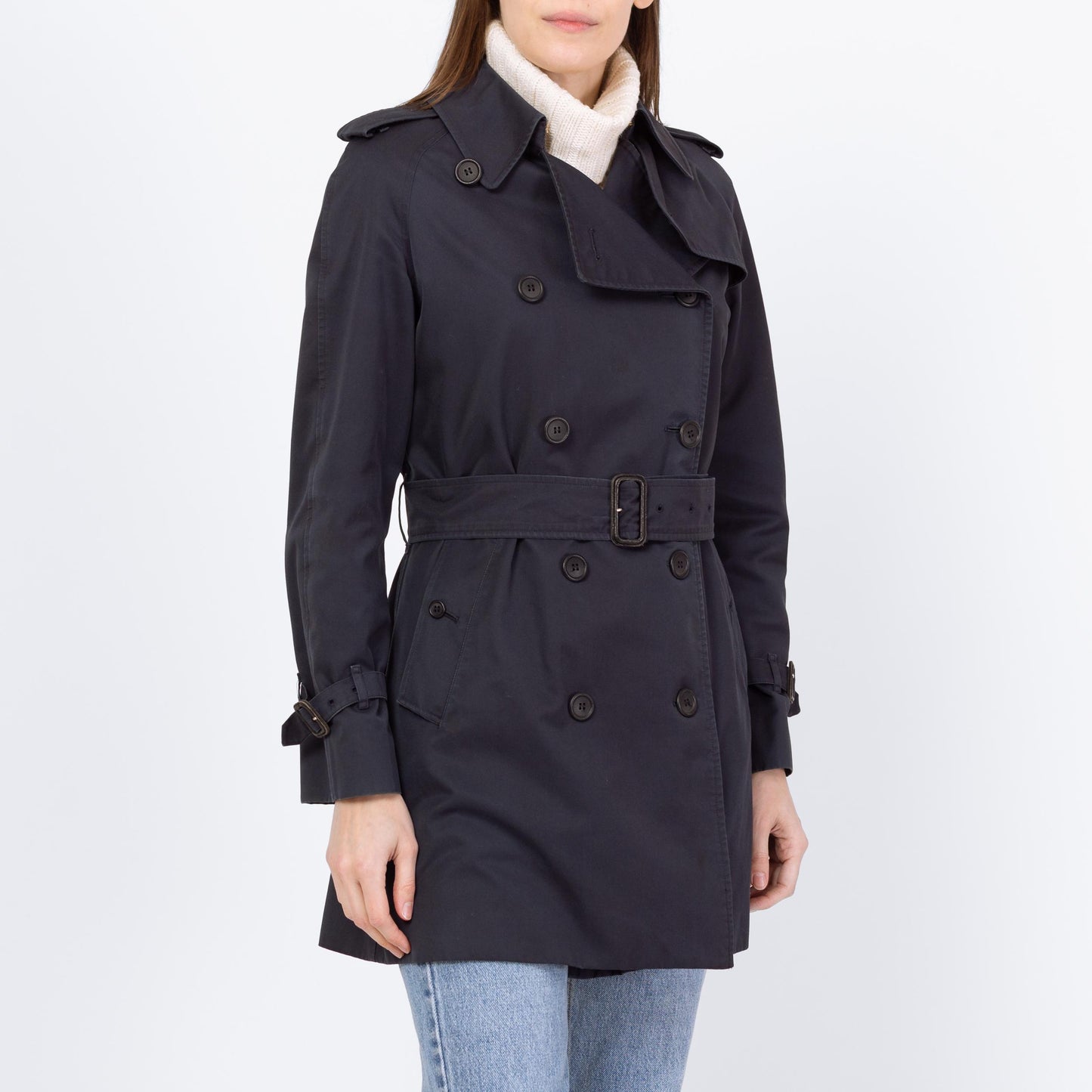 Vintage 90s Burberry Navy Blue Short Belted Trench Coat - Small to Medium | Designer Plaid Lined Double Breasted Lightweight Jacket