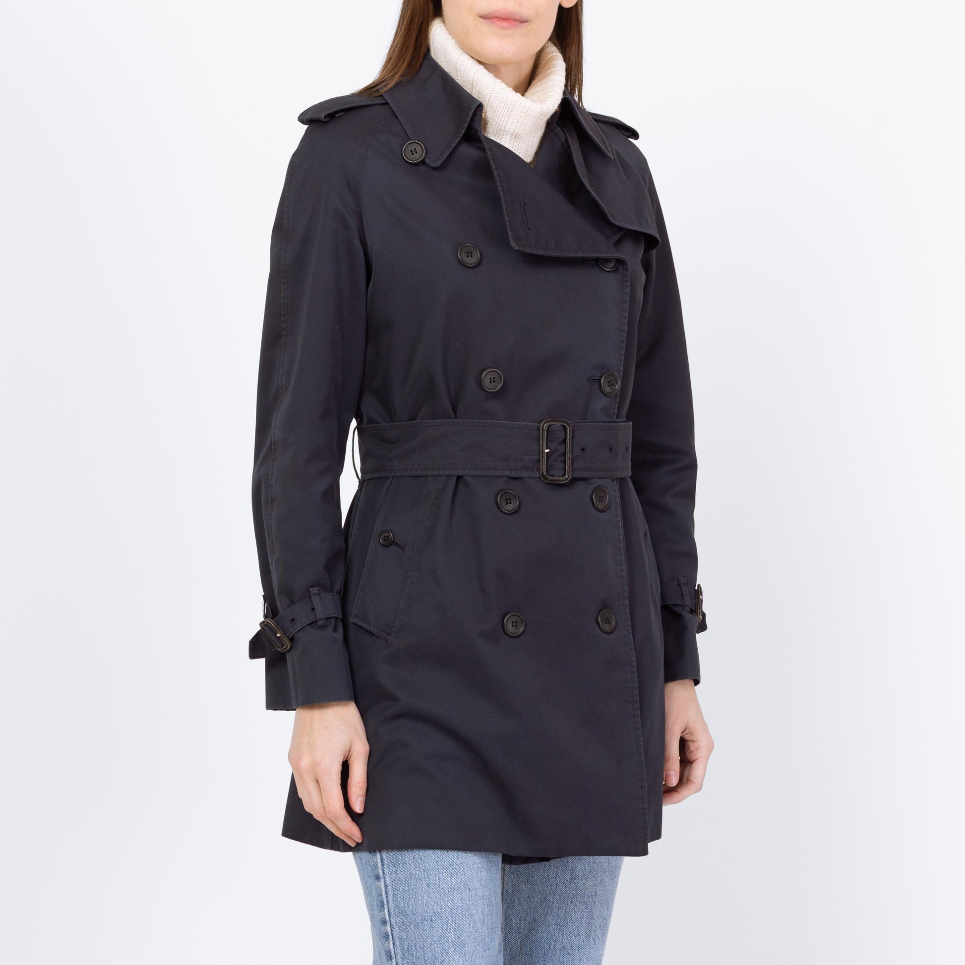 Vintage 90s Burberry Navy Blue Short Belted Trench Coat - Small to Medium | Designer Plaid Lined Double Breasted Lightweight Jacket