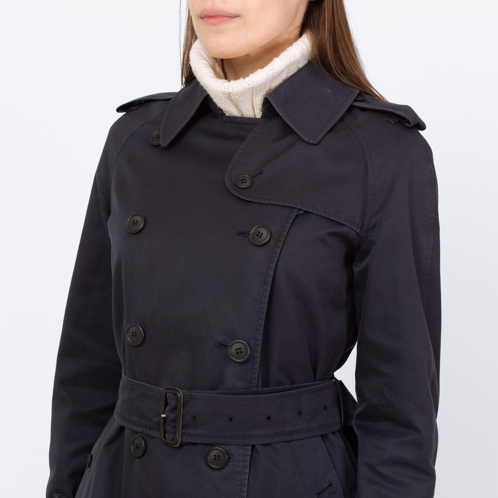 Vintage 90s Burberry Navy Blue Short Belted Trench Coat - Small to Medium | Designer Plaid Lined Double Breasted Lightweight Jacket