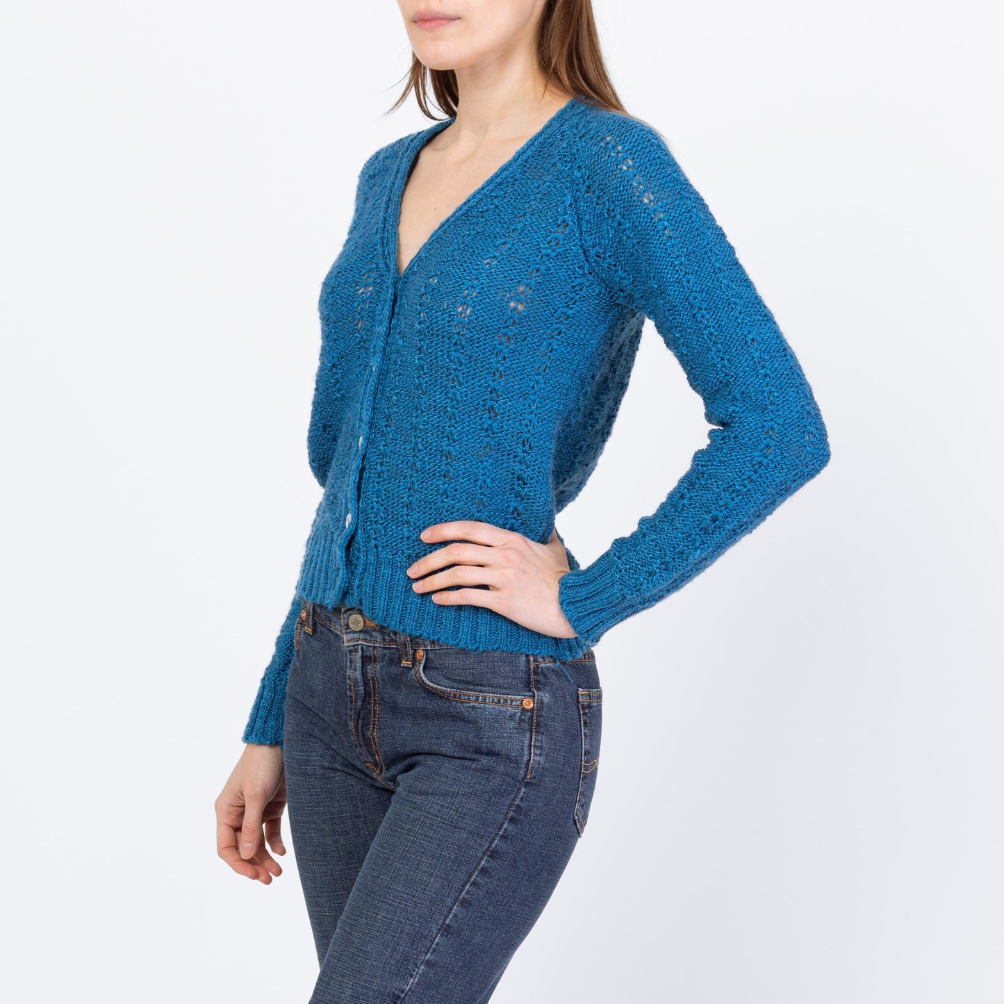 Vintage 80s Peacock Blue Cropped Cardigan - Small to Medium | Open Weave V Neck Button Up Sweater
