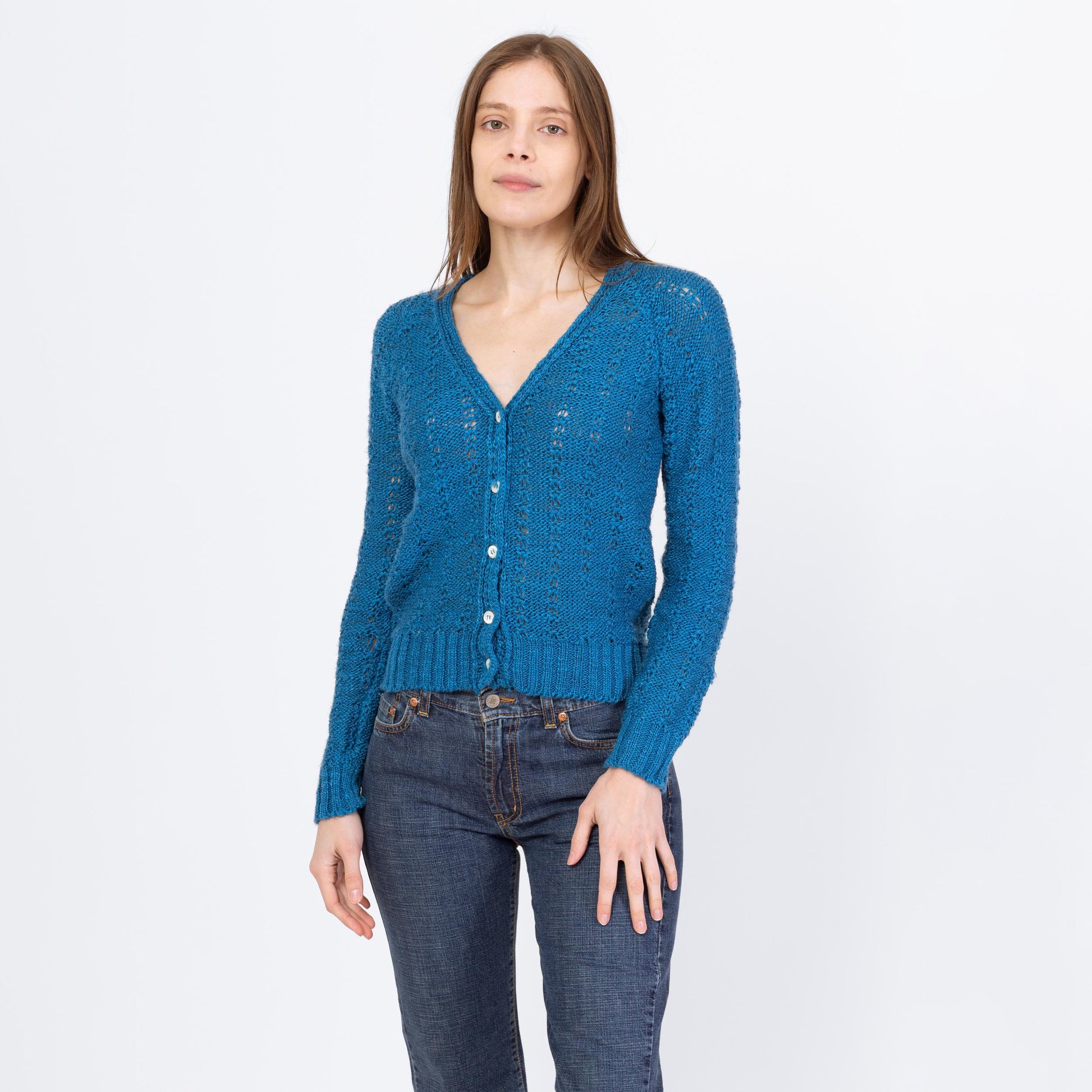 Vintage 80s Peacock Blue Cropped Cardigan - Small to Medium | Open Weave V Neck Button Up Sweater