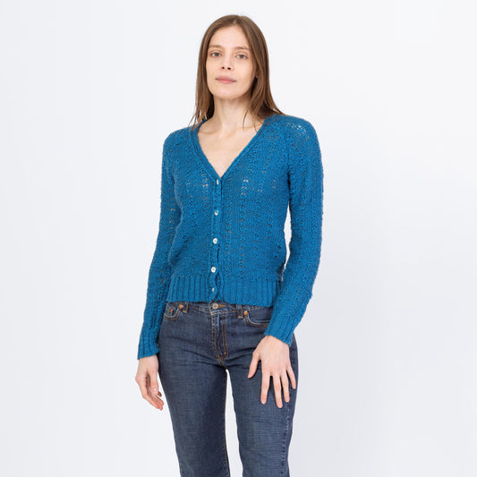 Vintage 80s Peacock Blue Cropped Cardigan - Small to Medium | Open Weave V Neck Button Up Sweater
