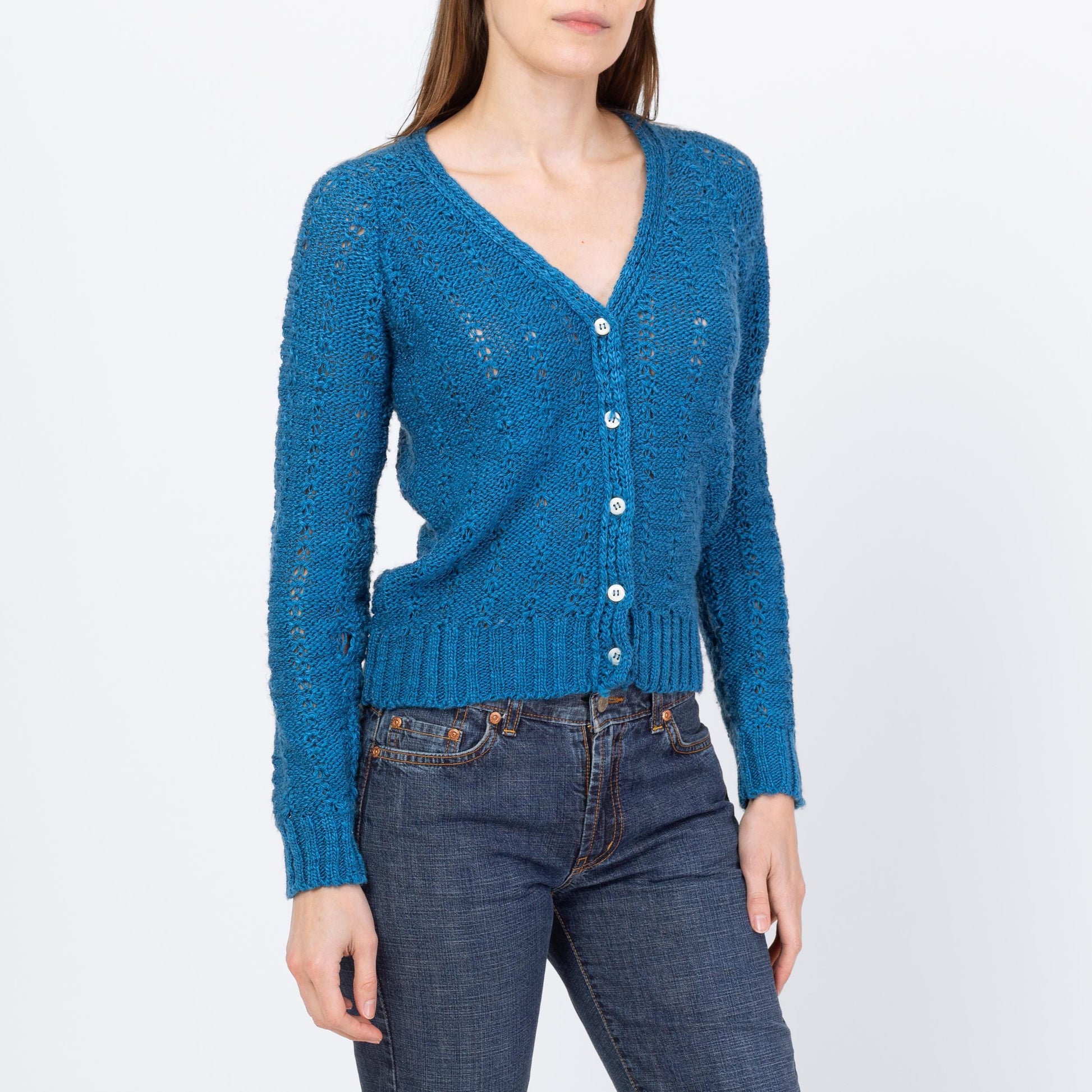 Vintage 80s Peacock Blue Cropped Cardigan - Small to Medium | Open Weave V Neck Button Up Sweater