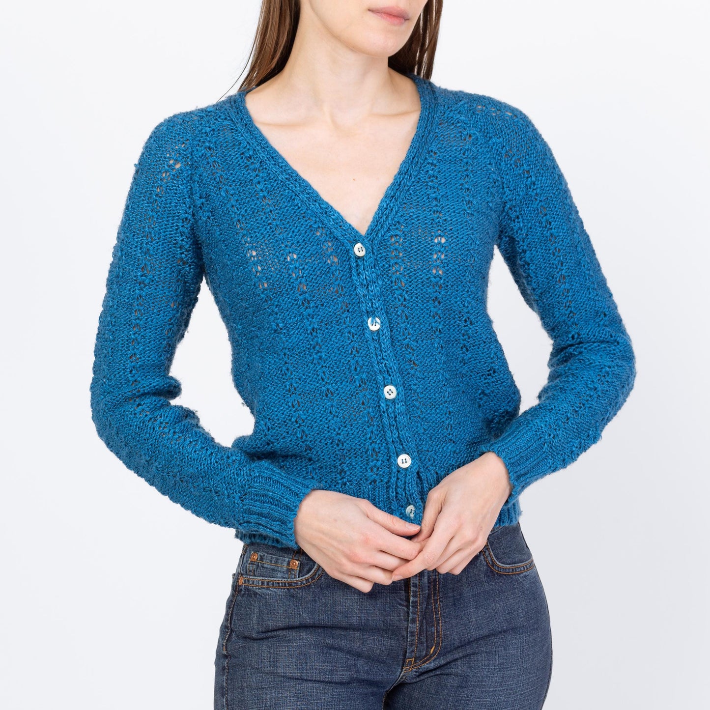 Vintage 80s Peacock Blue Cropped Cardigan - Small to Medium | Open Weave V Neck Button Up Sweater