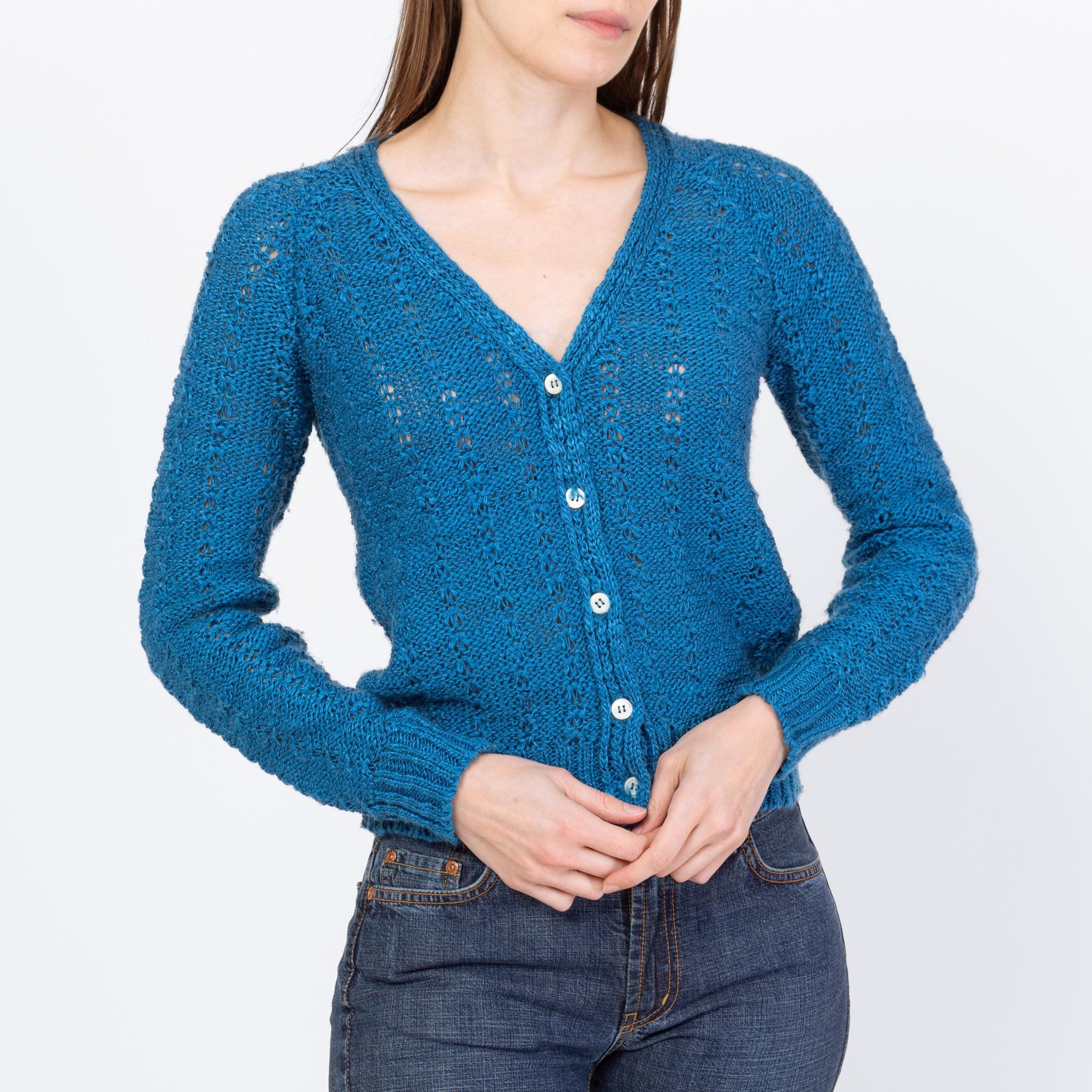 Vintage 80s Peacock Blue Cropped Cardigan - Small to Medium | Open Weave V Neck Button Up Sweater