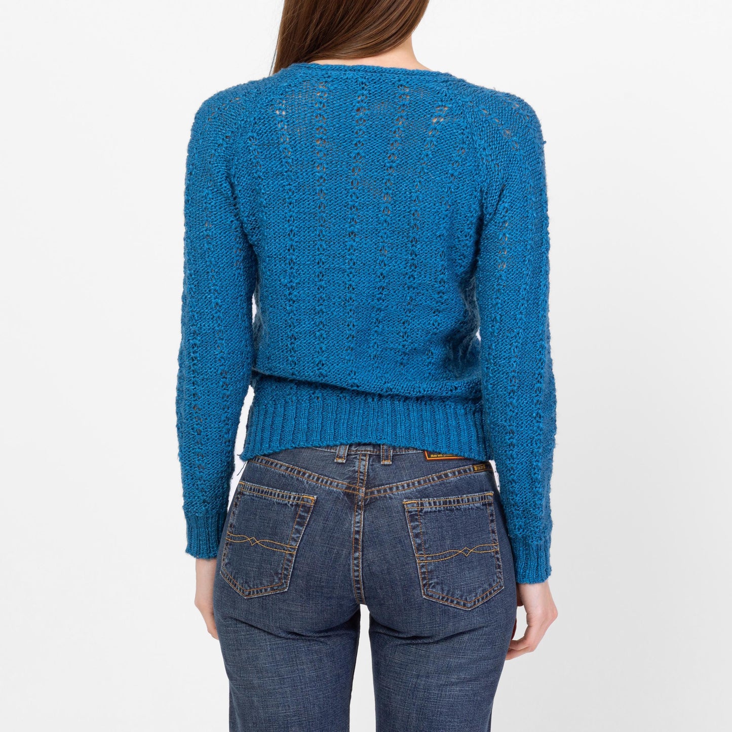 Vintage 80s Peacock Blue Cropped Cardigan - Small to Medium | Open Weave V Neck Button Up Sweater