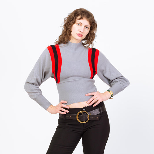 Vintage 70s Racing Striped Cropped Ski Sweater - Small | Grey Dolman Sleeve Knit Winter Jumper