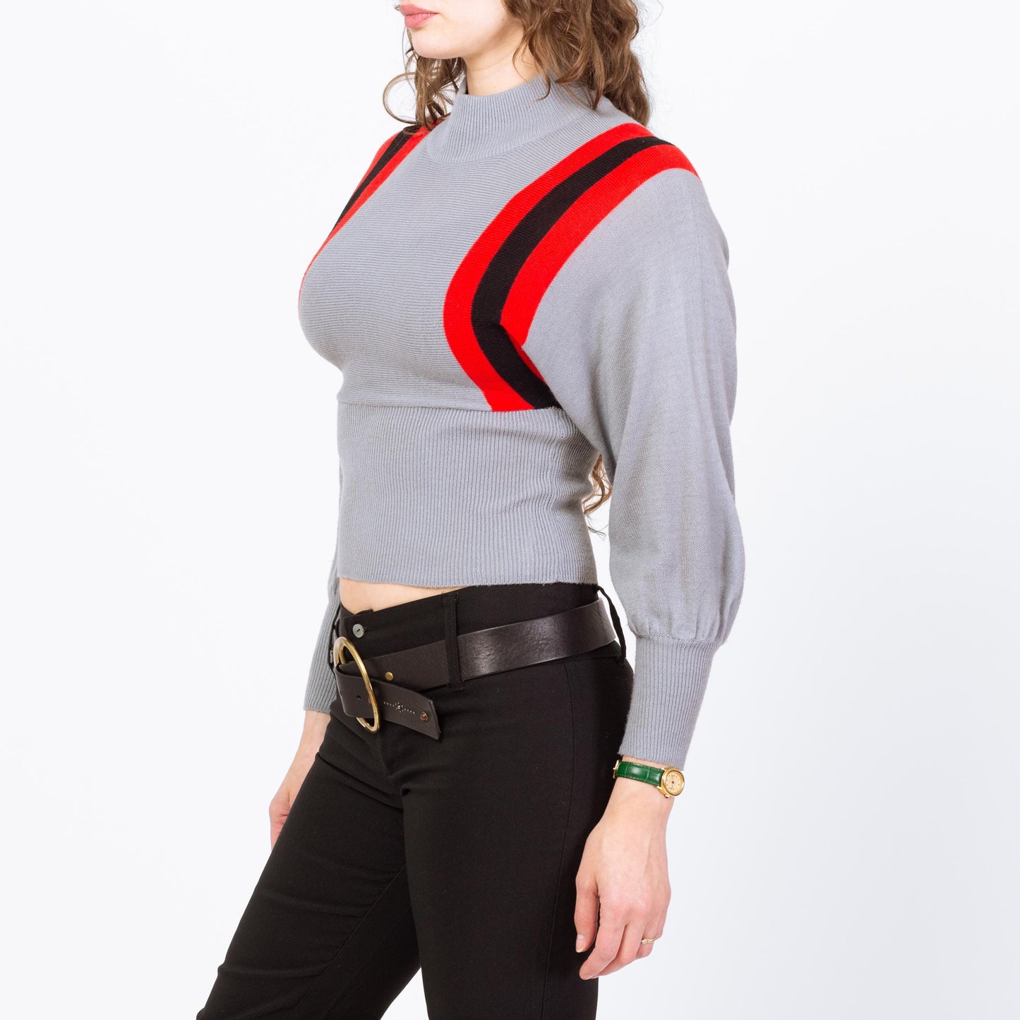 Vintage 70s Racing Striped Cropped Ski Sweater - Small | Grey Dolman Sleeve Knit Winter Jumper