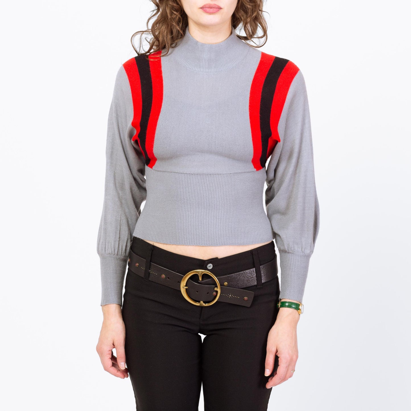 Vintage 70s Racing Striped Cropped Ski Sweater - Small | Grey Dolman Sleeve Knit Winter Jumper