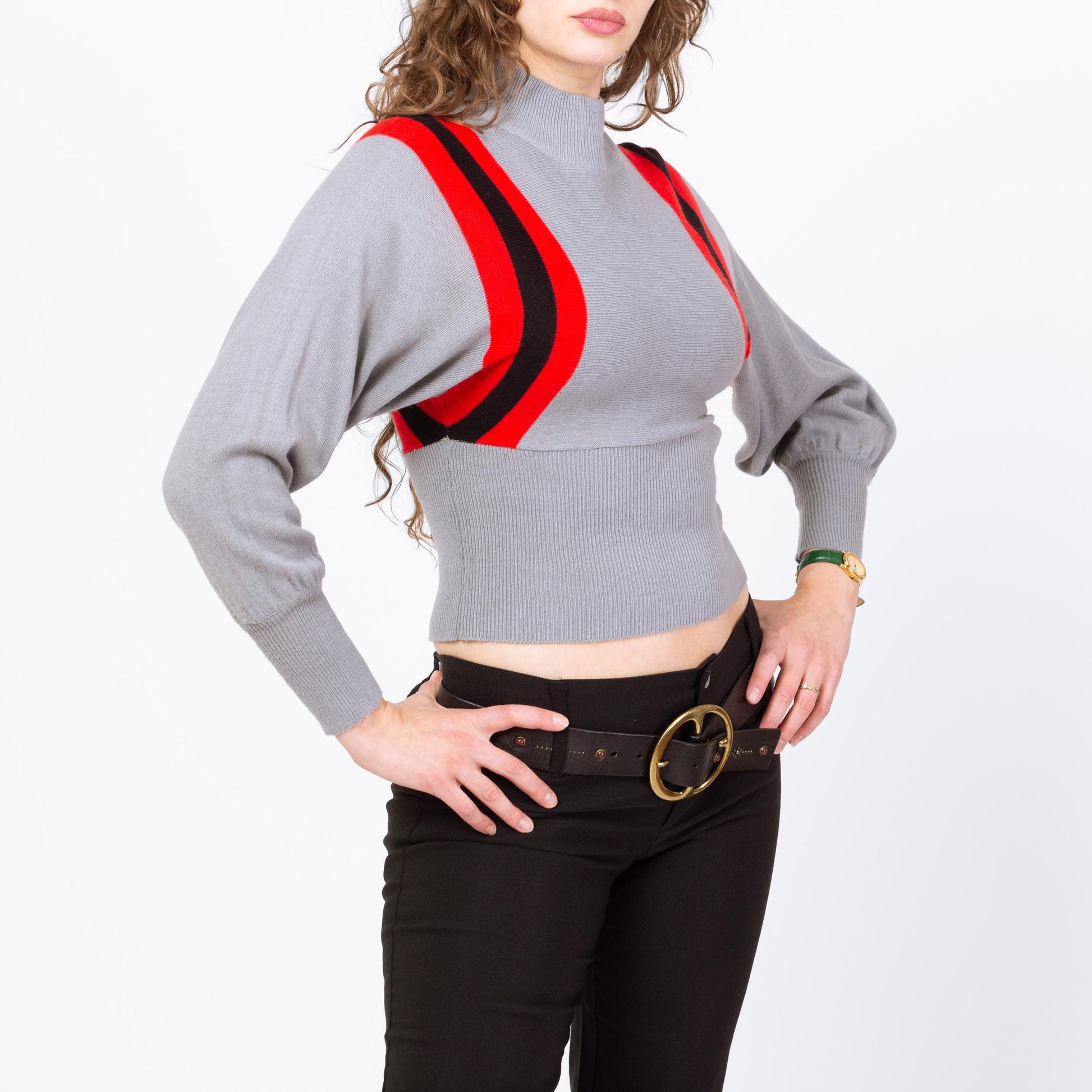 Vintage 70s Racing Striped Cropped Ski Sweater - Small | Grey Dolman Sleeve Knit Winter Jumper