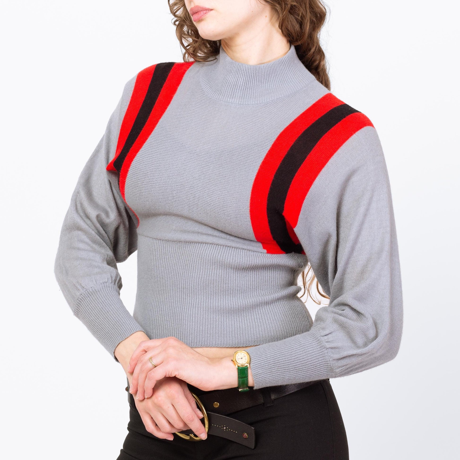 Vintage 70s Racing Striped Cropped Ski Sweater - Small | Grey Dolman Sleeve Knit Winter Jumper