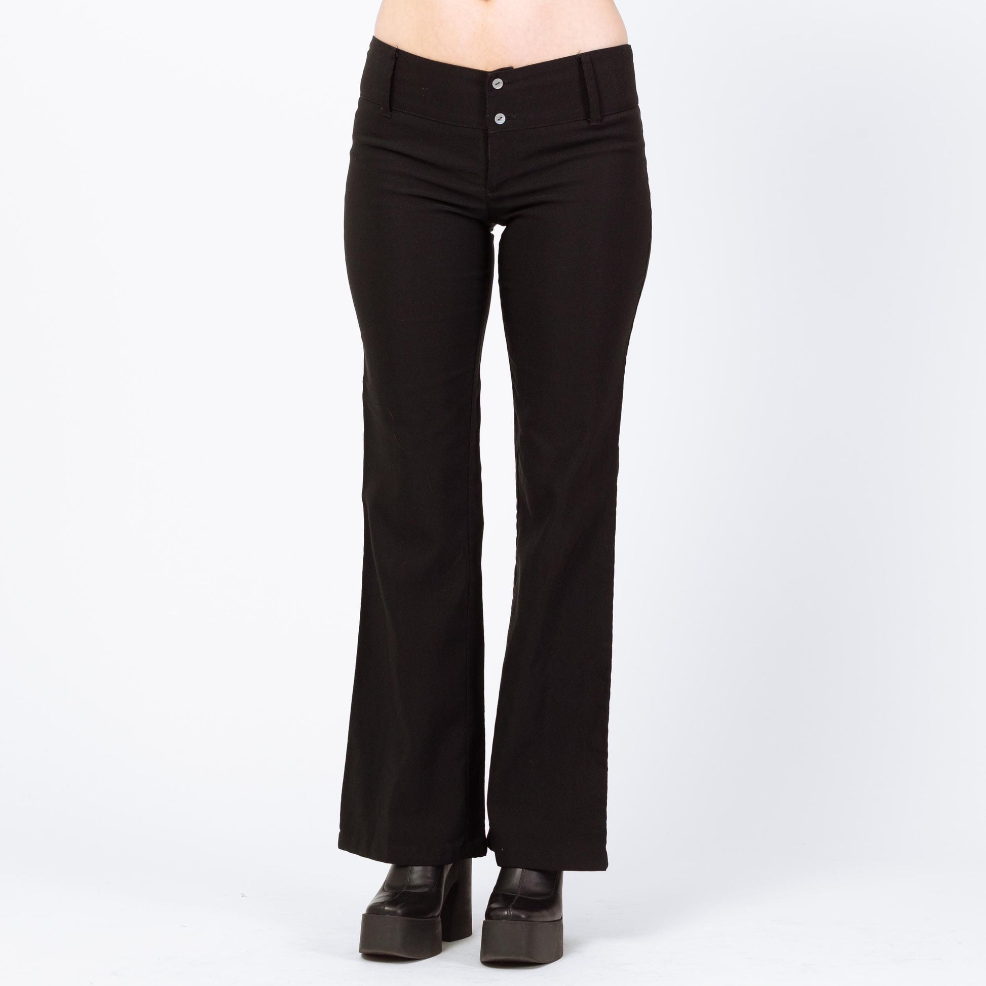 Vintage Y2K Black Low Rise Flared Pants - Small | 2000s Stretchy Bell Bottom Flares