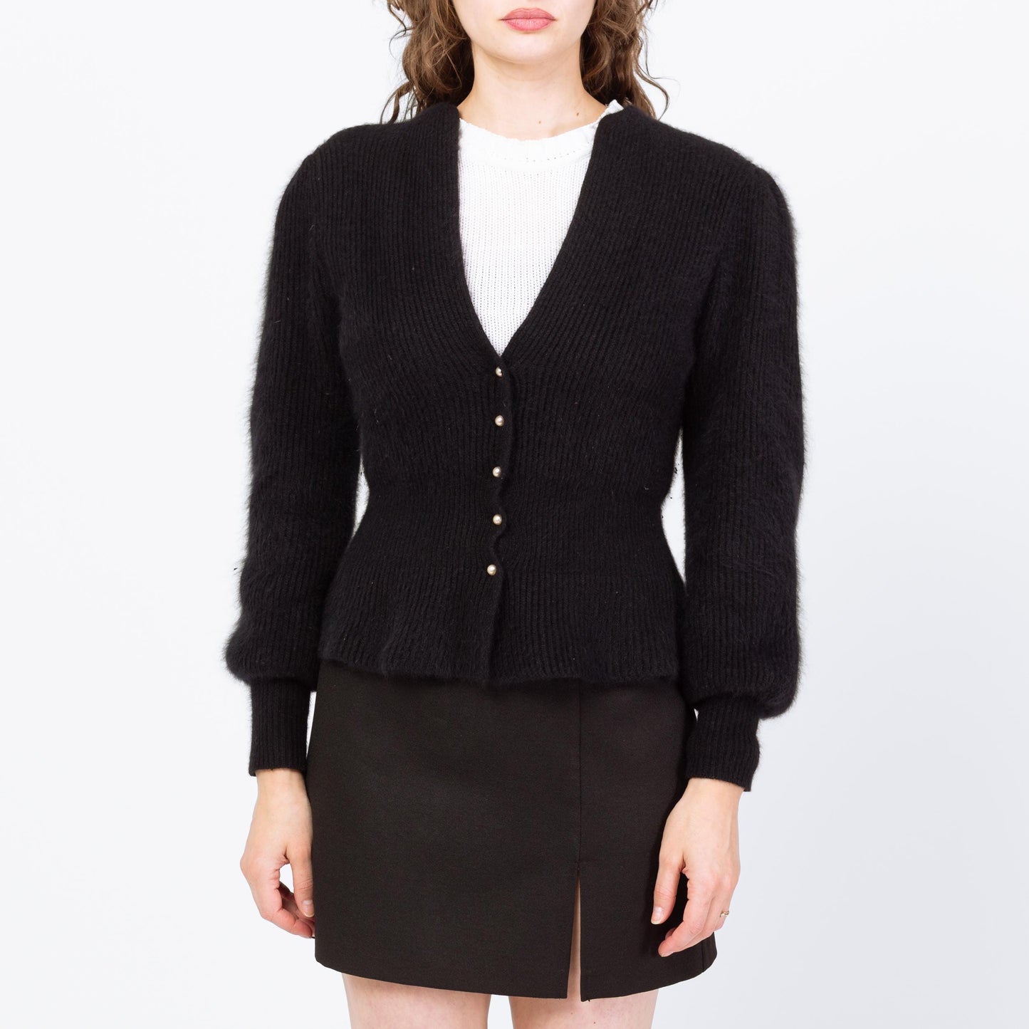 Vintage 80s Black Angora Fitted Waist Cardigan - Medium | Retro Balloon Sleeve Button Up V Neck Sweater