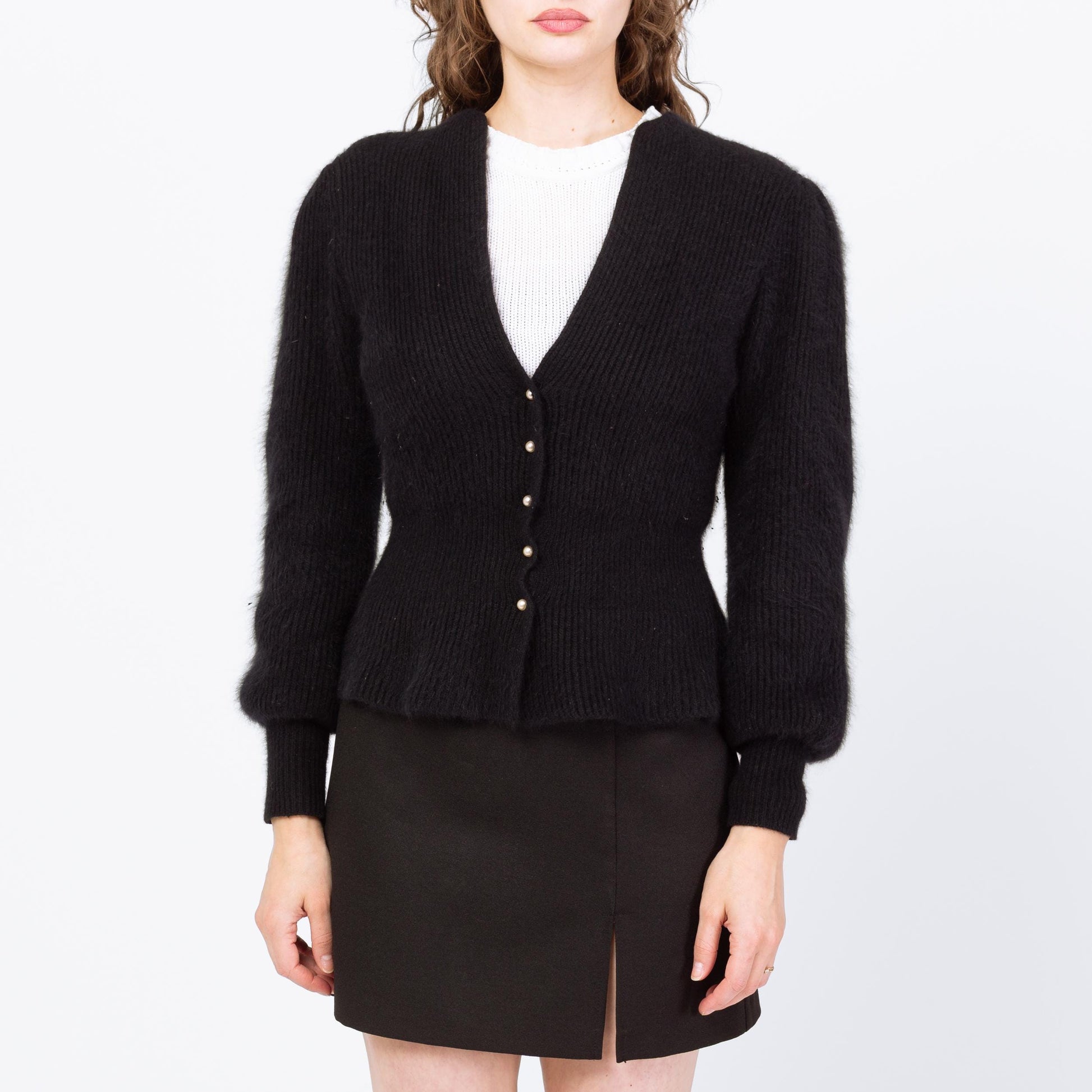 Vintage 80s Black Angora Fitted Waist Cardigan - Medium | Retro Balloon Sleeve Button Up V Neck Sweater
