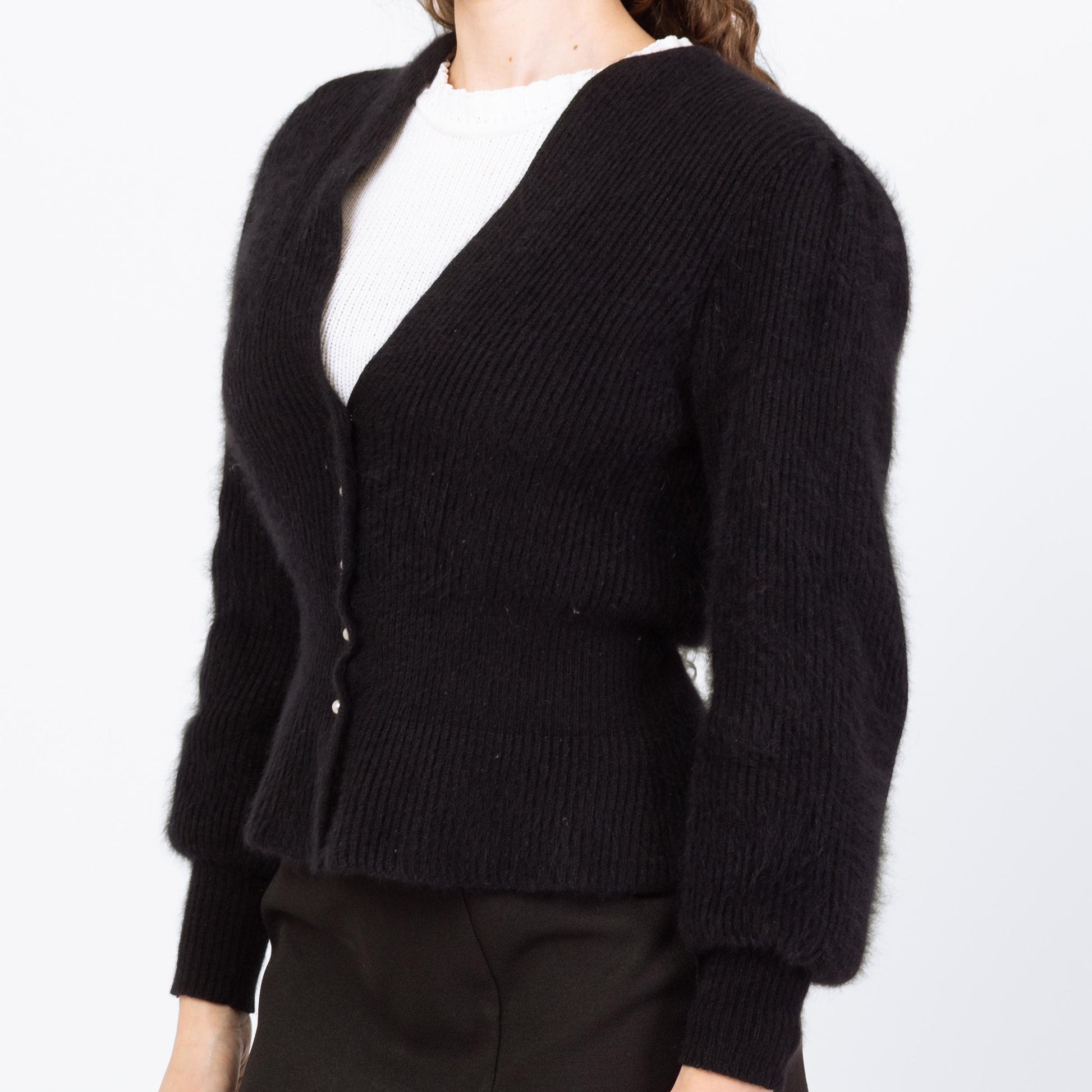 Vintage 80s Black Angora Fitted Waist Cardigan - Medium | Retro Balloon Sleeve Button Up V Neck Sweater