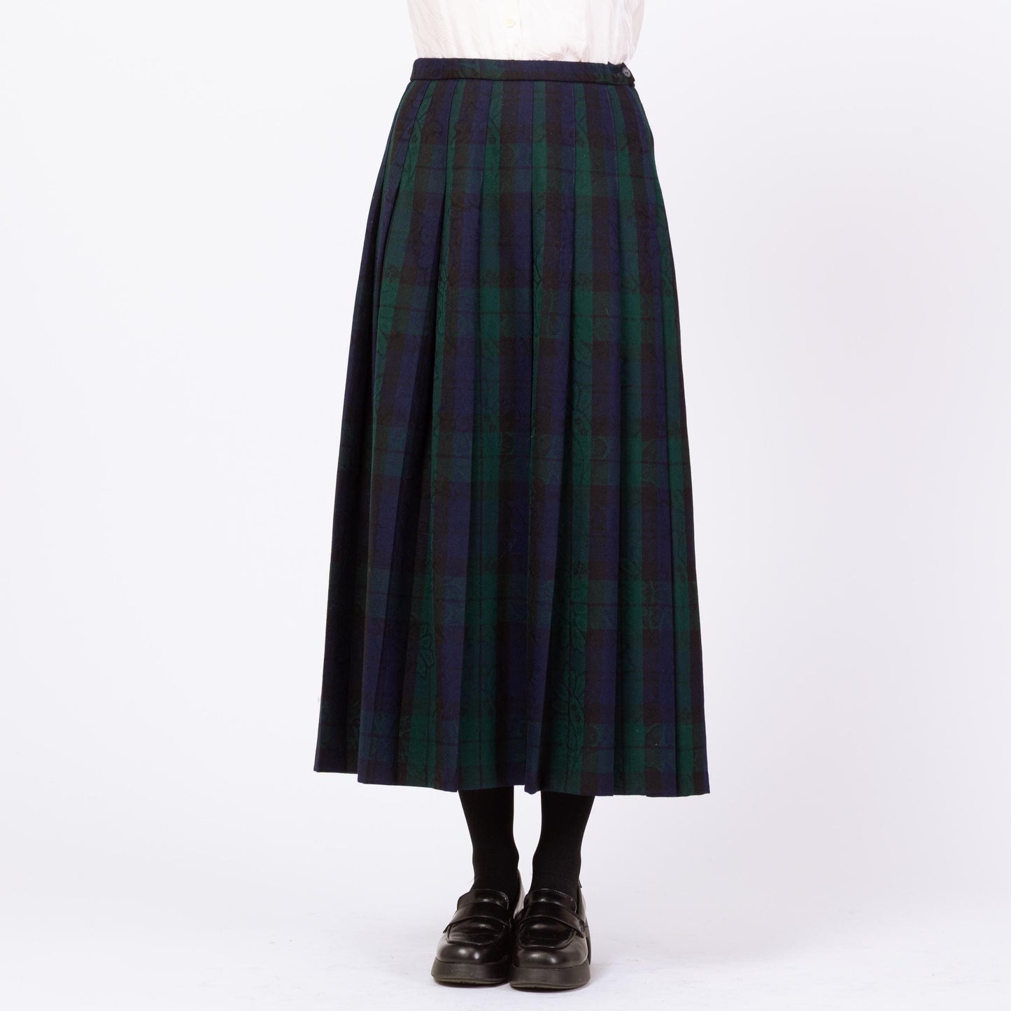 Vintage 90s Pendleton Navy & Green Plaid Floral Maxi Skirt - Medium, 28"-29" Waist | Dark Academia Pleated High Waisted A Line Skirt