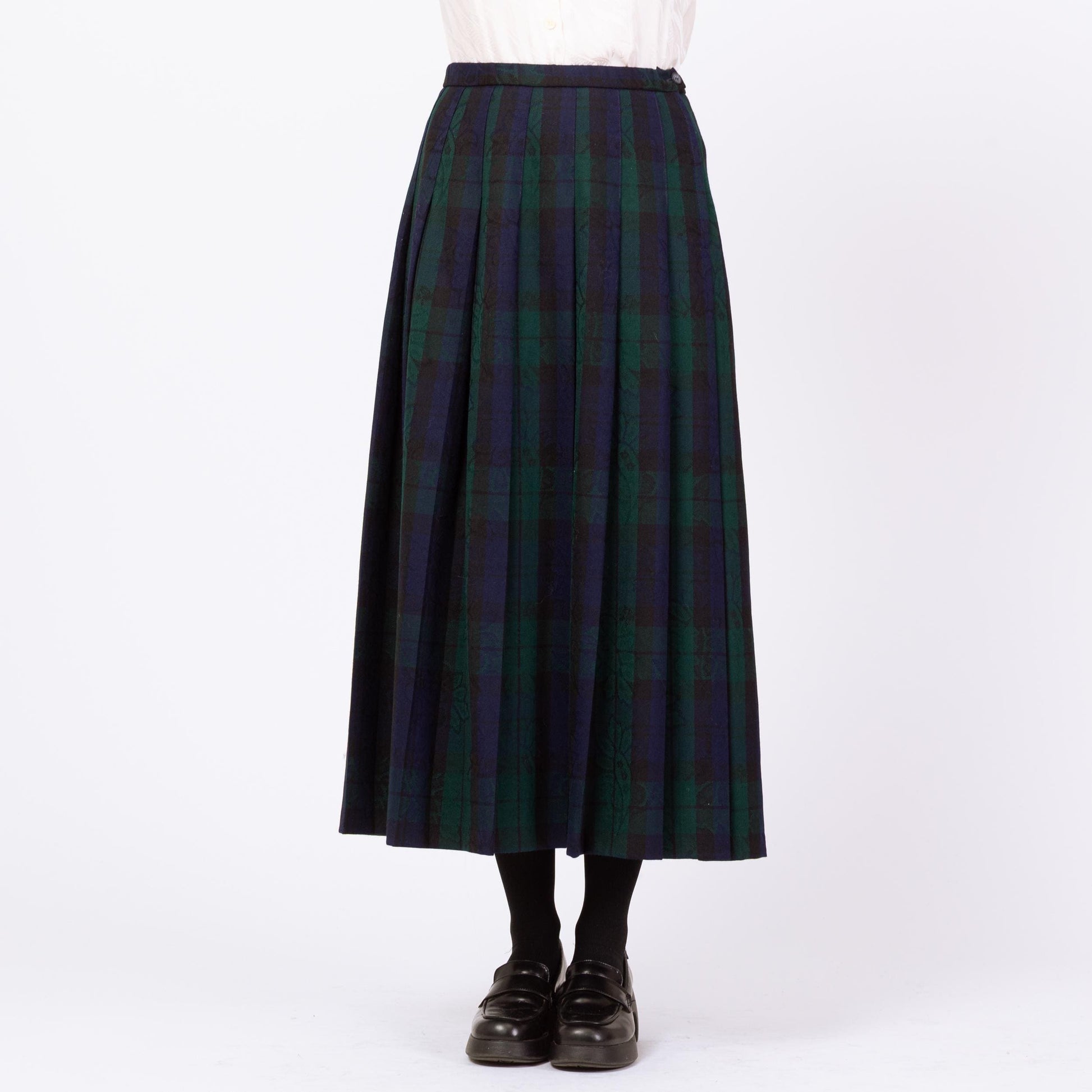 Vintage 90s Pendleton Navy & Green Plaid Floral Maxi Skirt - Medium, 28"-29" Waist | Dark Academia Pleated High Waisted A Line Skirt