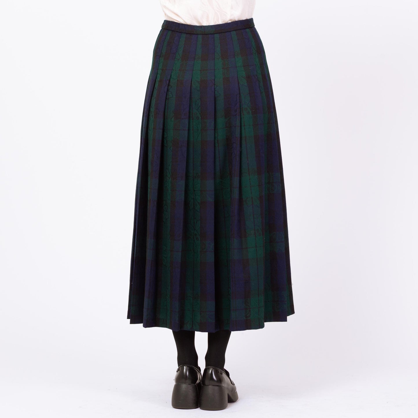 Vintage 90s Pendleton Navy & Green Plaid Floral Maxi Skirt - Medium, 28"-29" Waist | Dark Academia Pleated High Waisted A Line Skirt