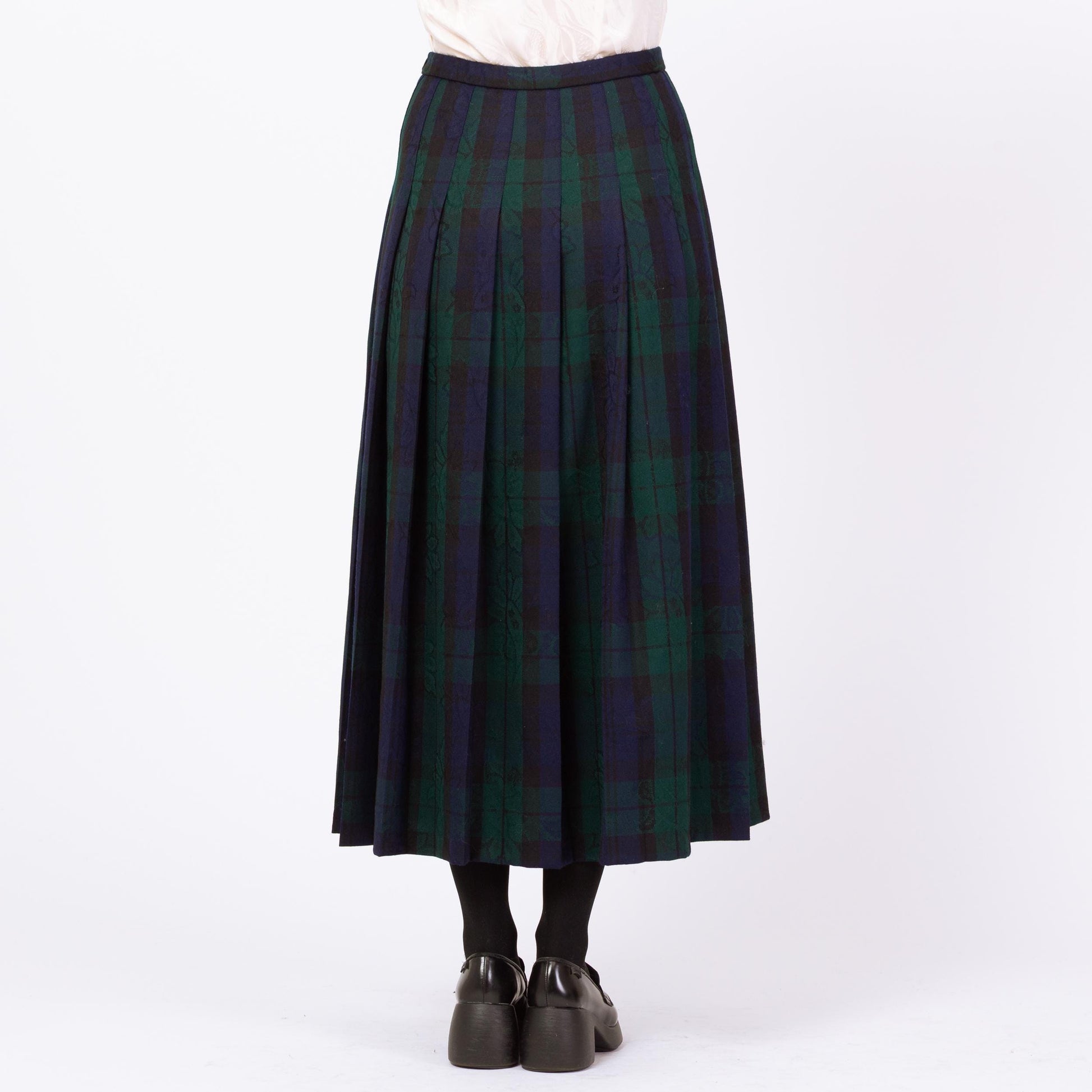 Vintage 90s Pendleton Navy & Green Plaid Floral Maxi Skirt - Medium, 28"-29" Waist | Dark Academia Pleated High Waisted A Line Skirt