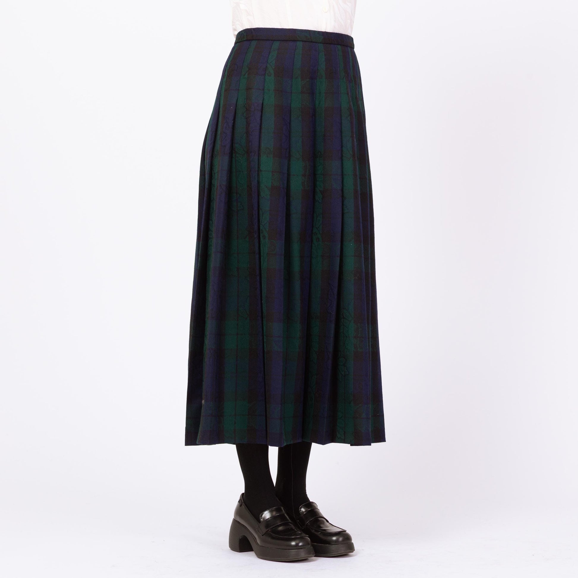 Vintage 90s Pendleton Navy & Green Plaid Floral Maxi Skirt - Medium, 28"-29" Waist | Dark Academia Pleated High Waisted A Line Skirt