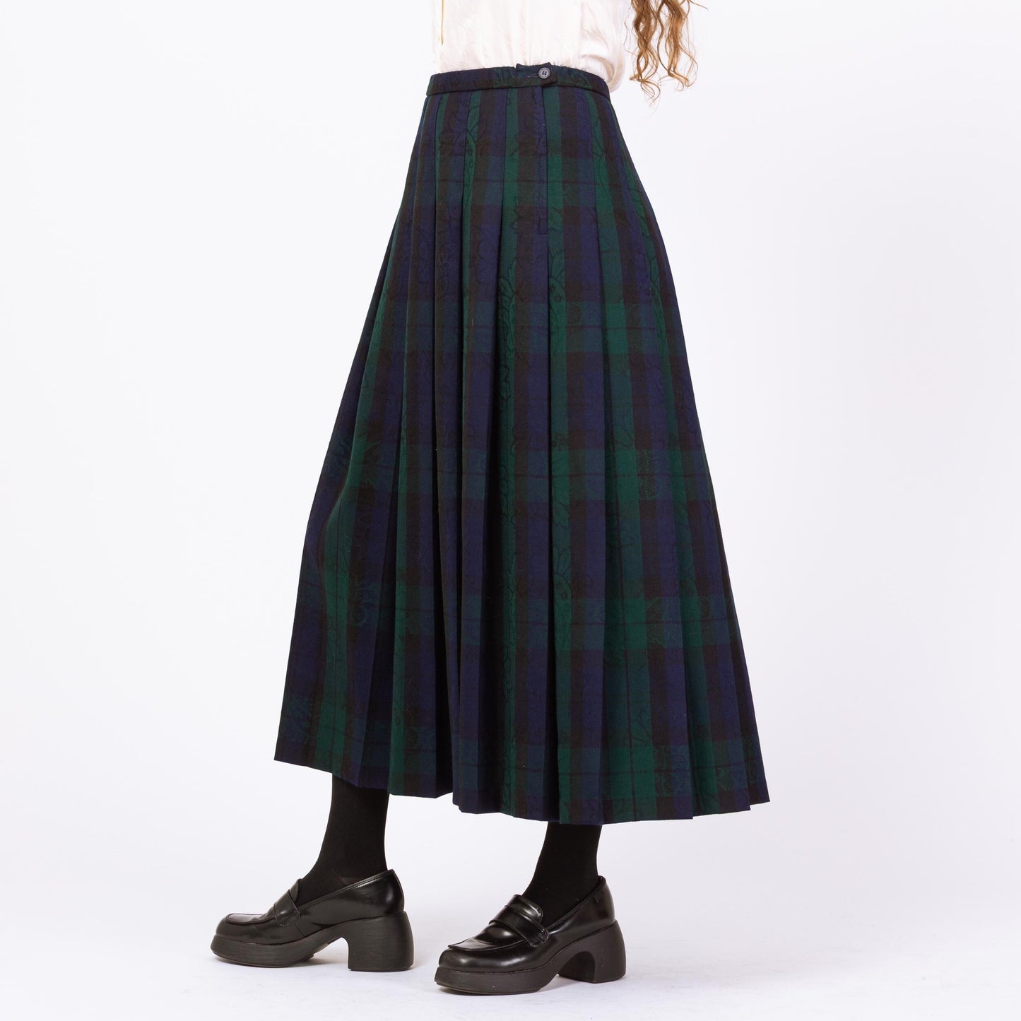 Vintage 90s Pendleton Navy & Green Plaid Floral Maxi Skirt - Medium, 28"-29" Waist | Dark Academia Pleated High Waisted A Line Skirt