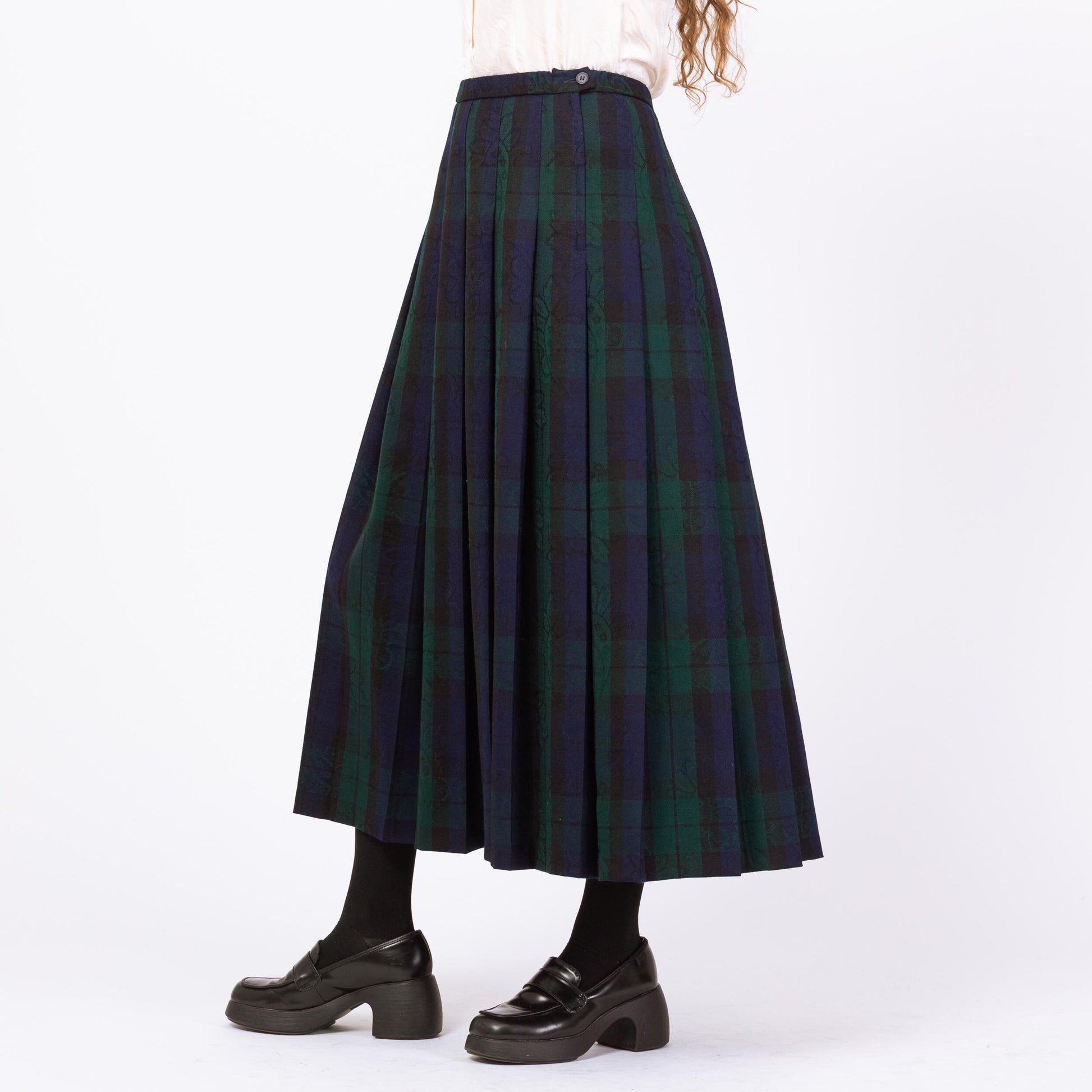 Vintage 90s Pendleton Navy & Green Plaid Floral Maxi Skirt - Medium, 28"-29" Waist | Dark Academia Pleated High Waisted A Line Skirt