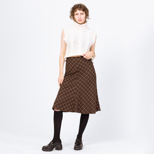 Vintage 90s Brown Windowpane Plaid A Line Midi Skirt - Small | Preppy Mid Rise Trumpet Skirt