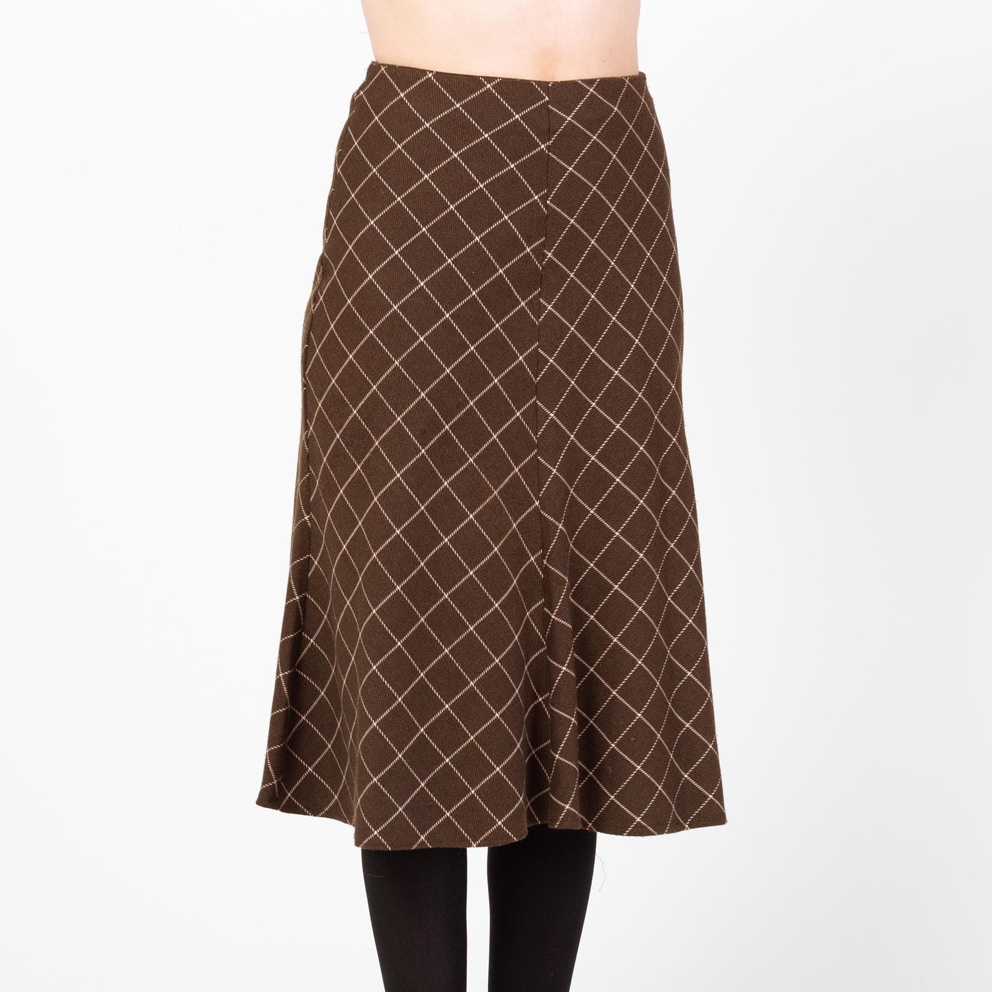 Vintage 90s Brown Windowpane Plaid A Line Midi Skirt - Small | Preppy Mid Rise Trumpet Skirt