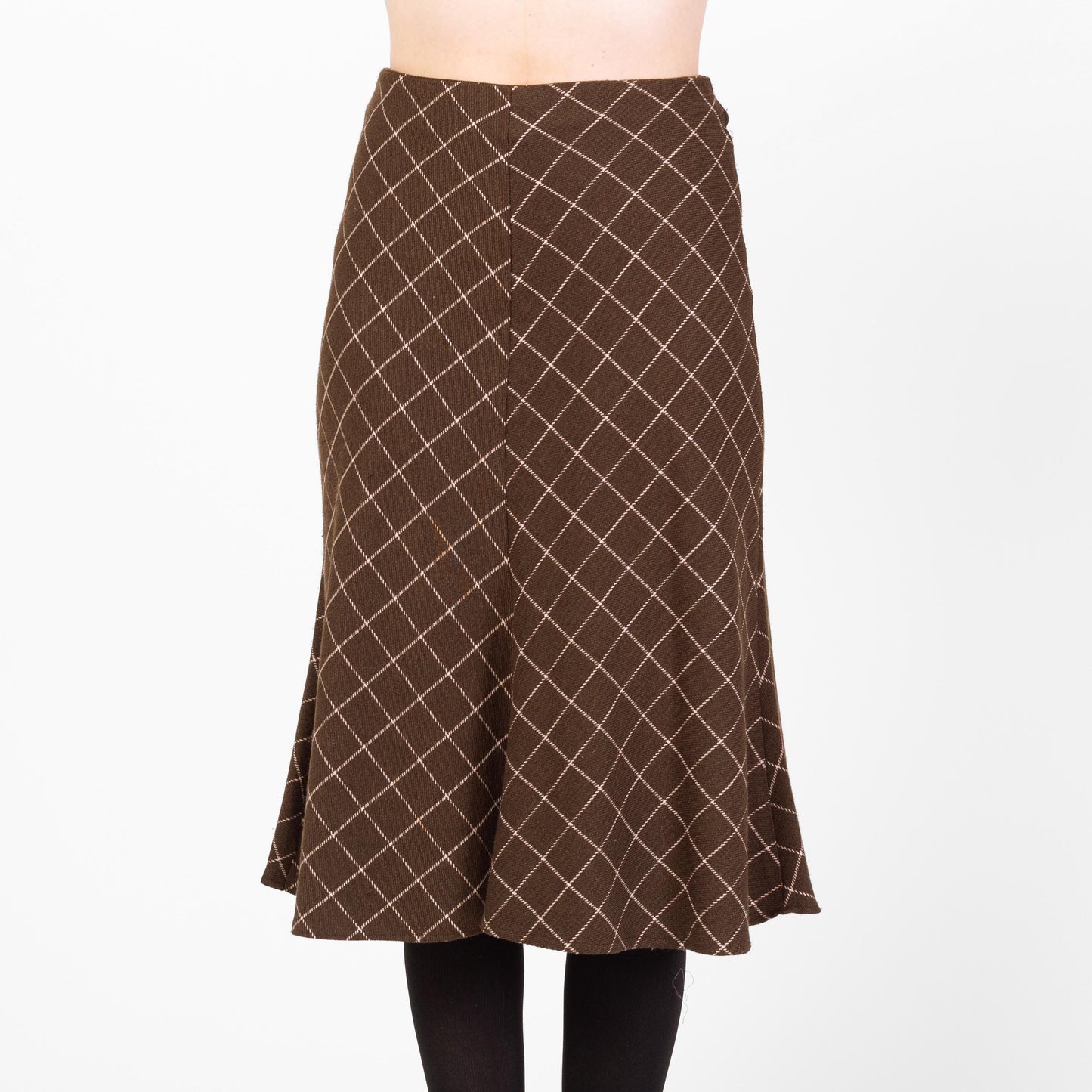 Vintage 90s Brown Windowpane Plaid A Line Midi Skirt - Small | Preppy Mid Rise Trumpet Skirt