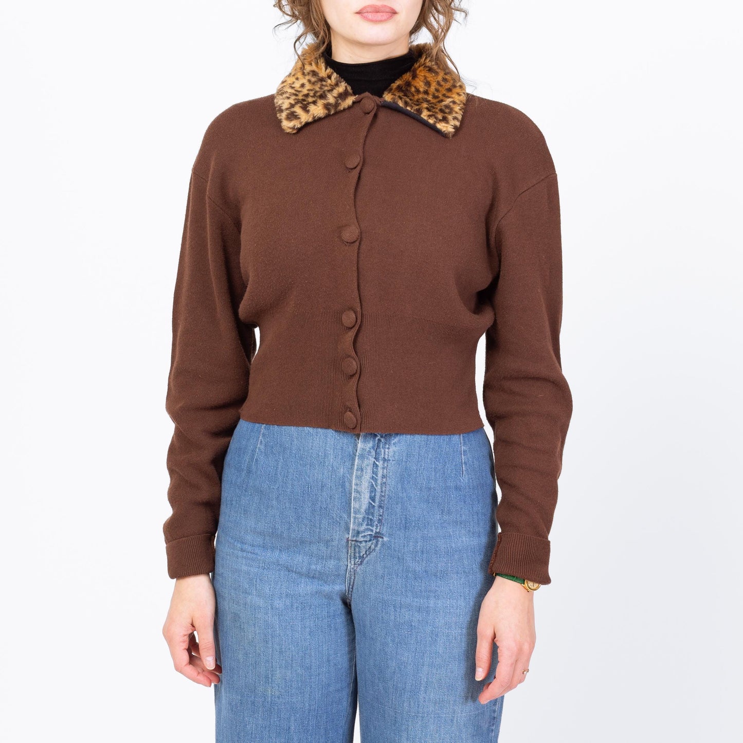 Vintage 90s Does 50s Faux Fur Collar Cropped Sweater - Large | Retro Brown Cotton Knit Button Up Cardigan