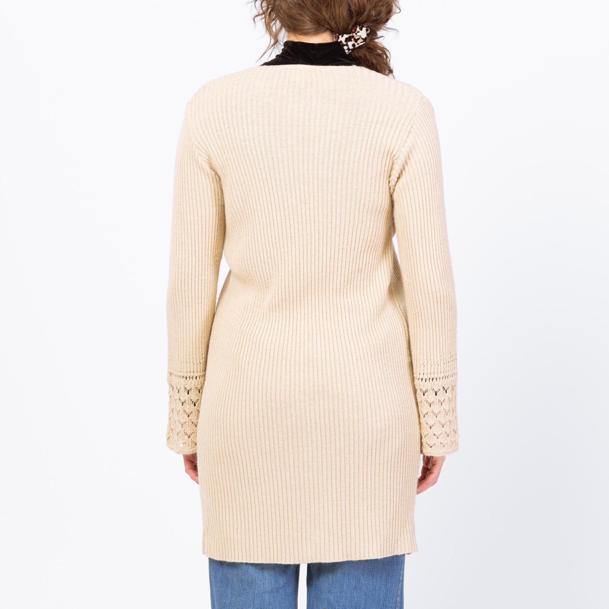 Vintage 90s Cream Eyelet Knit Long Cardigan - Medium | Boho Longline Bell Sleeve Sweater Cover Up
