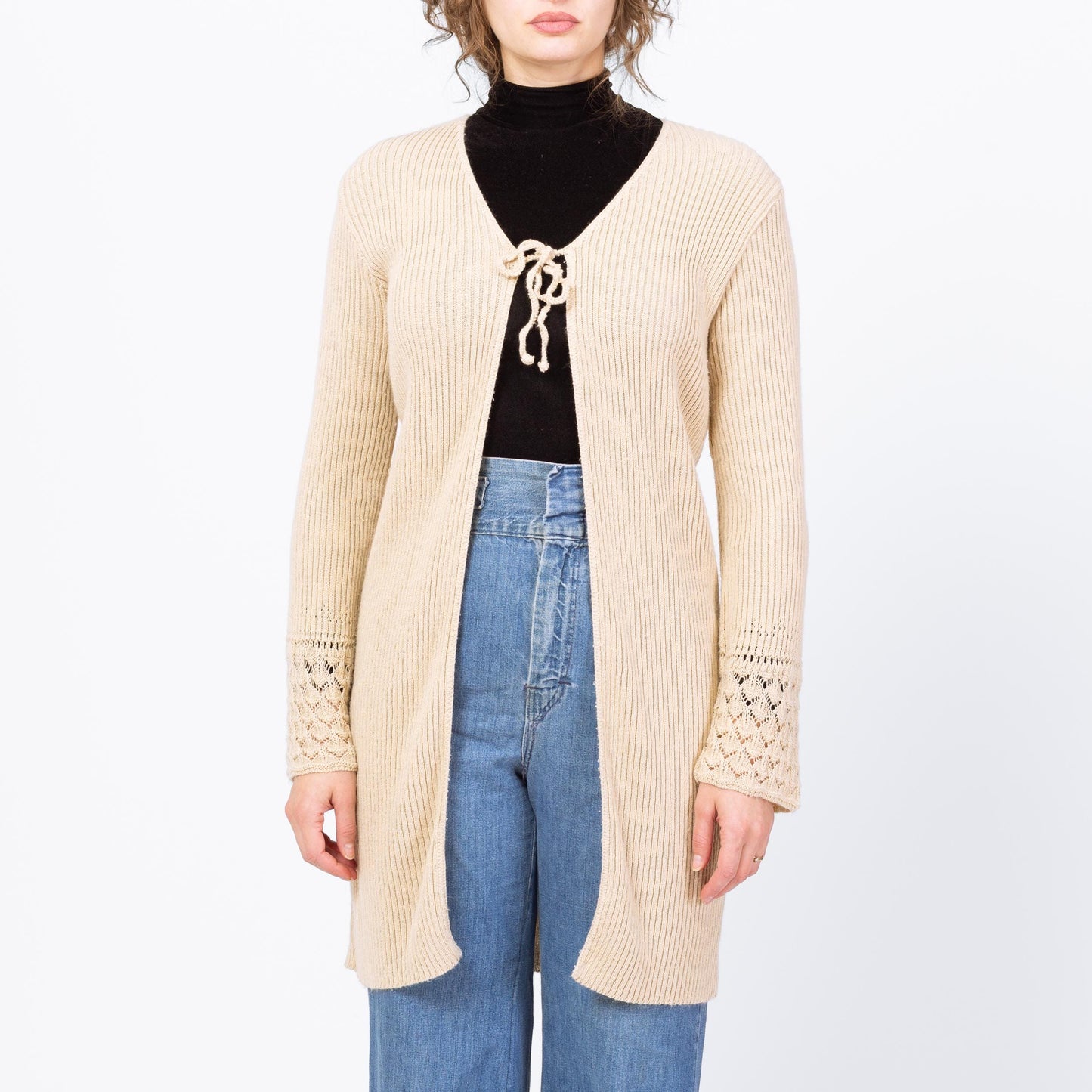 Vintage 90s Cream Eyelet Knit Long Cardigan - Medium | Boho Longline Bell Sleeve Sweater Cover Up